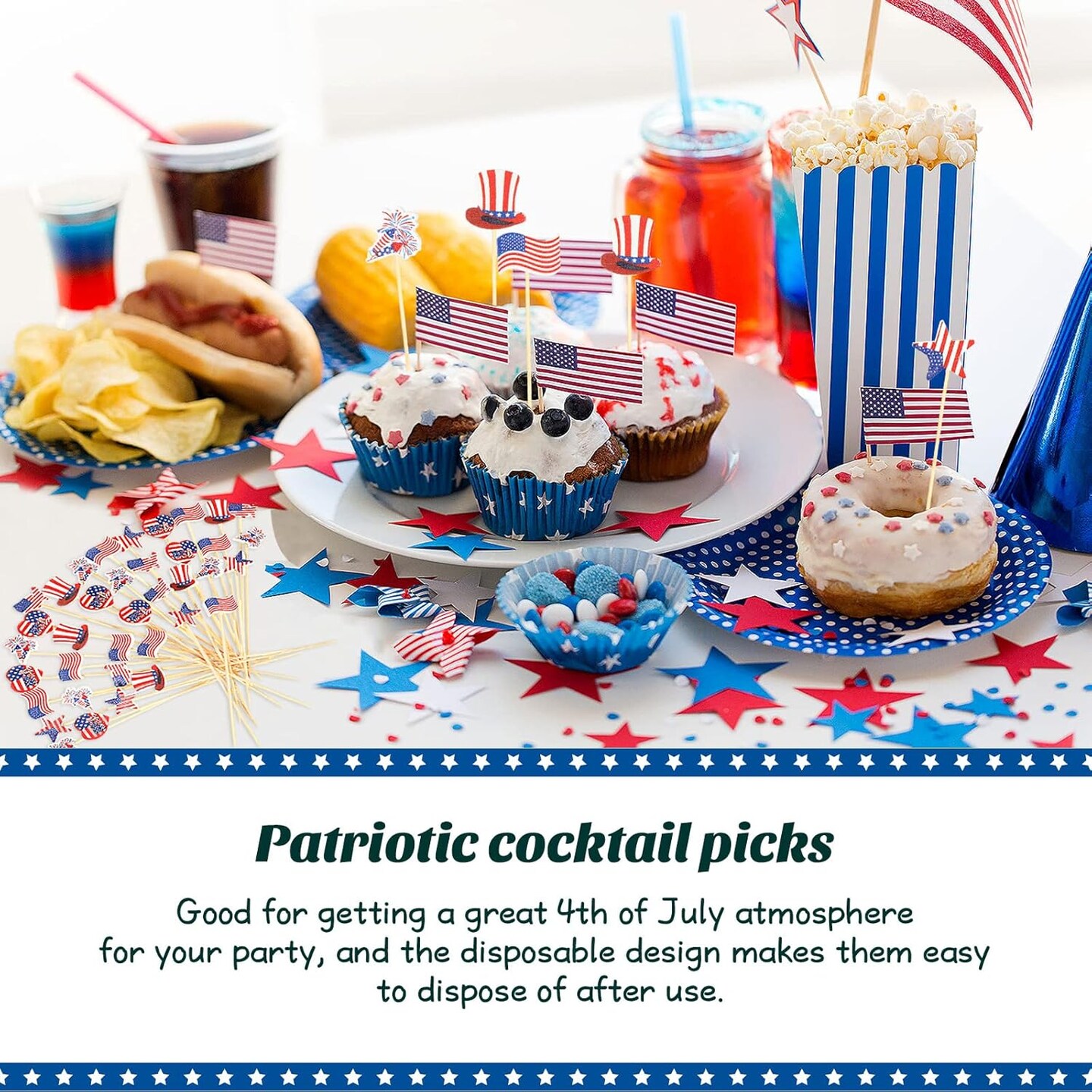 240 Pcs 4th of July Toothpick Patriotic Cocktail Picks American Flag Cupcake Topper 4.72 Inch Bamboo Fruit Sticks for Independence Day USA Party Favors Decorations Supplies, 6 Styles