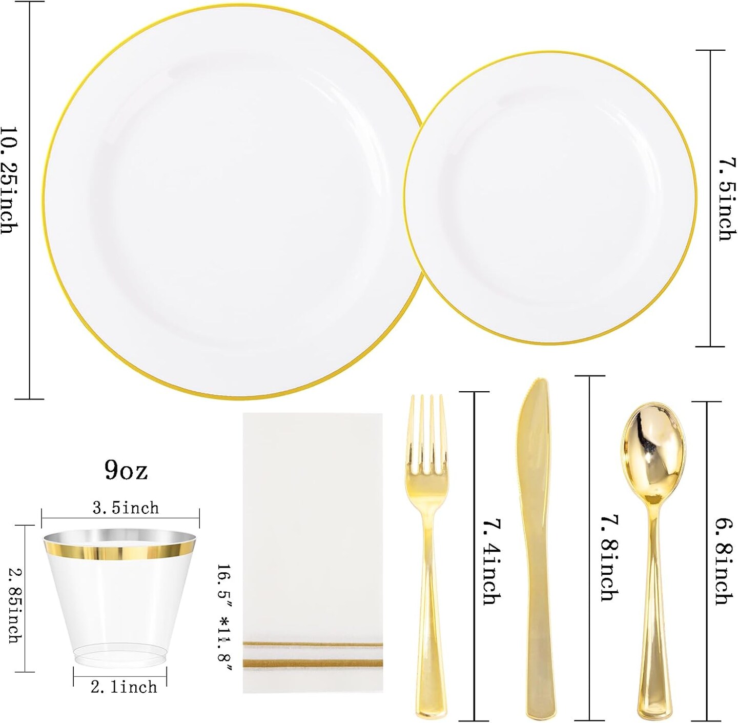 350 PCS Elegant White and Gold Disposable Dinnerware Set - Premium Dinner &#x26; Salad Plates, Cups, Napkins &#x26; Cutlery for 50 Guests - All-Inclusive Party Plastic Plates