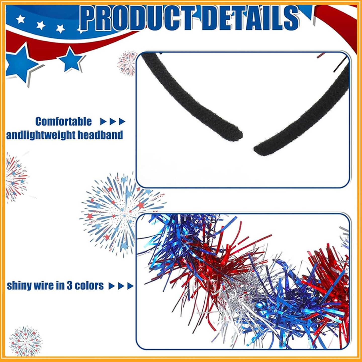 4th of July Headband Patriotic Hair Hoop Head Boppers Red White Blue Glitter Tinsel Headband for Women Girls Flashing Design Independence Day Hair Accessories for Veteran&#x27;s Day and Memorial Day