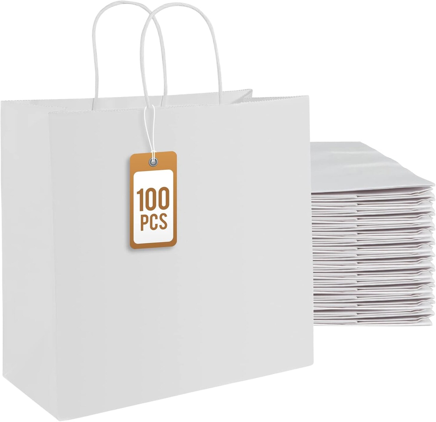 100Pcs White Paper Bags with Handles, Large 11x6x11 Inch Kraft Shopping Bags for Retail, Gift Packaging, Parties, Weddings, Birthdays, Baking