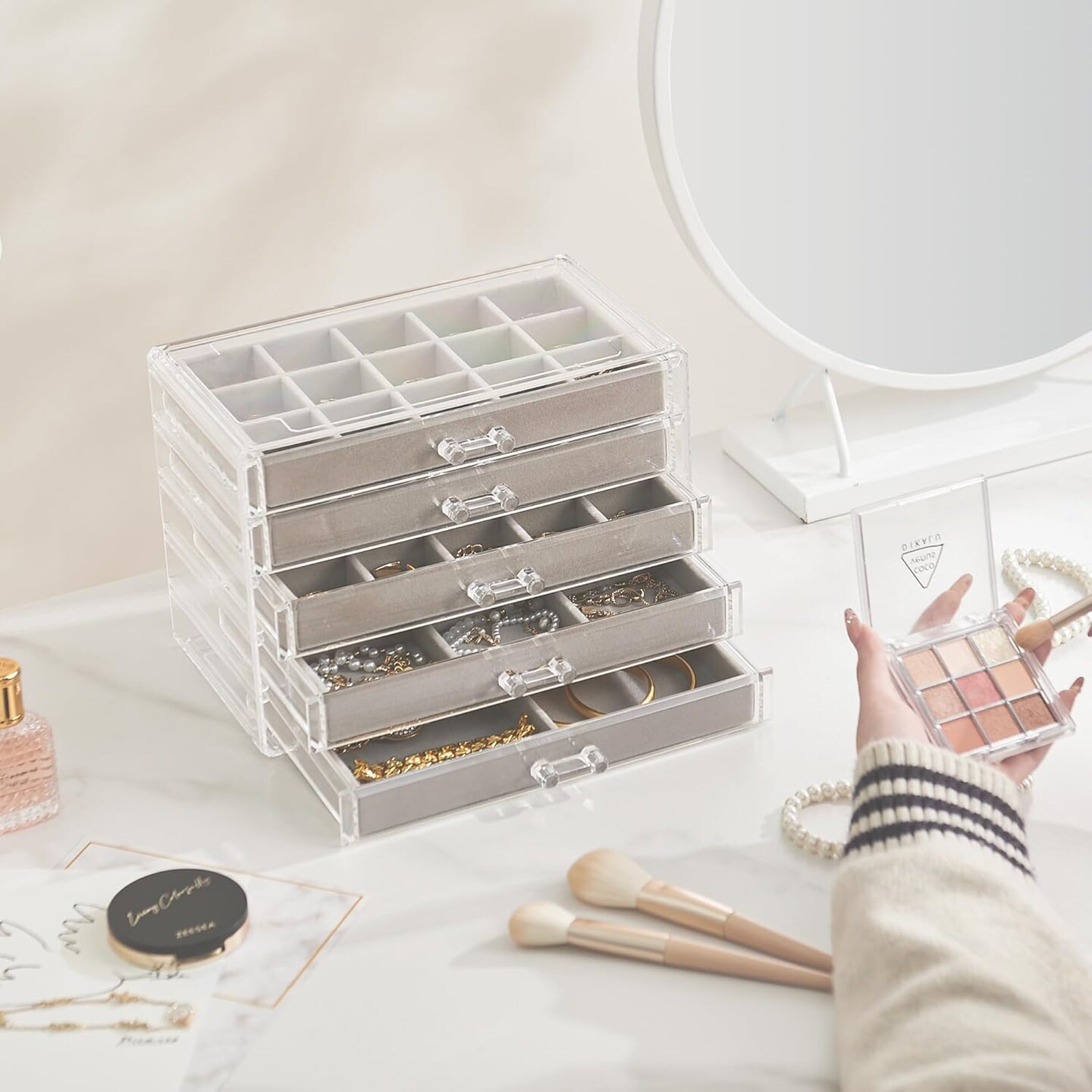 Acrylic Jewelry Organizers and Storage with 5 Drawers, Clear Jewelry Box for Women, Velvet Earring Organizer for Ring Necklace, Gray