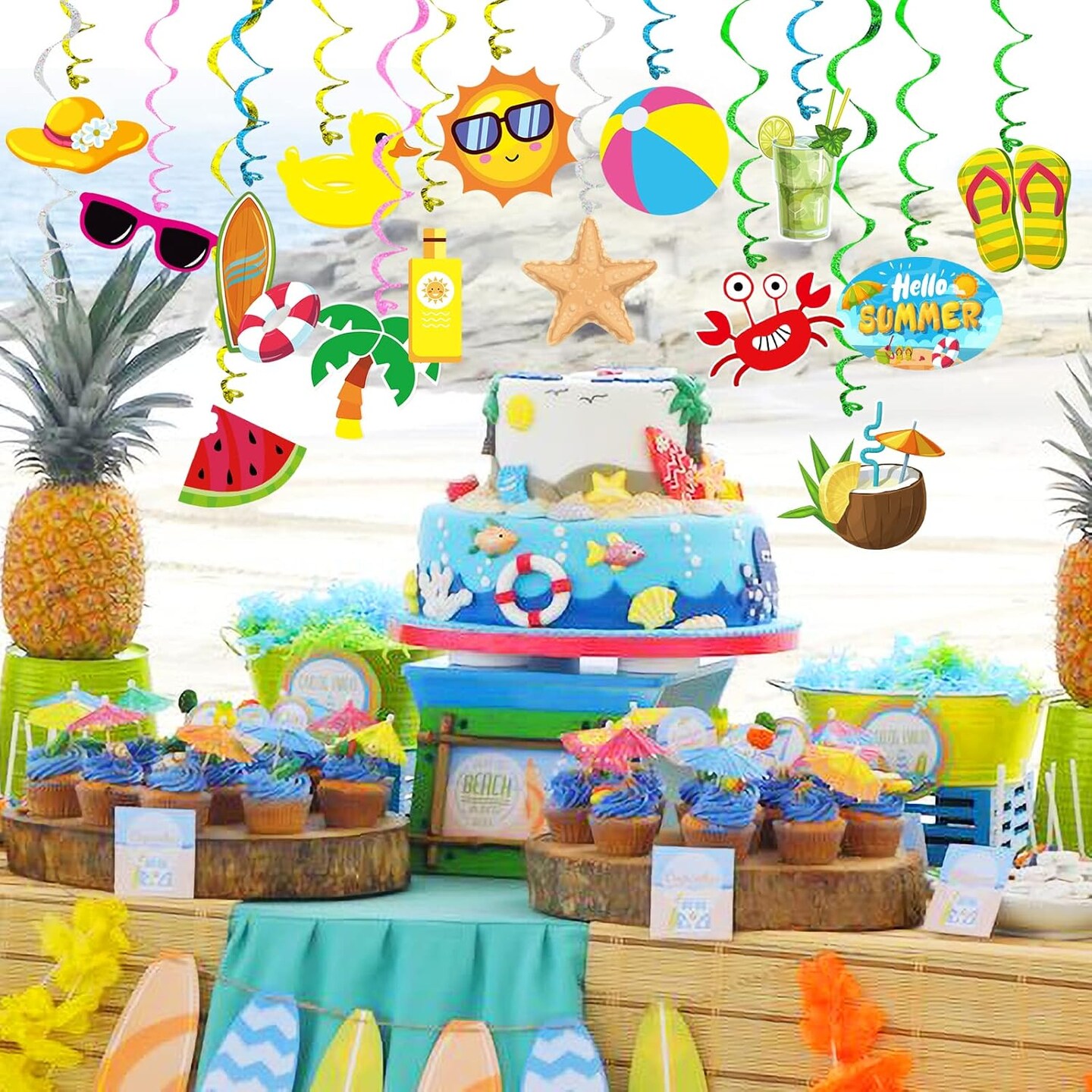 Summer Pool Beach Hanging Swirls Banner Decor 30 Pack Foil Ceiling Hanging Swirls Streams Banner Decorations Garland for Kids Luau Hawaii Celebrating Events Birthday Party Supplies Room Wall Decor