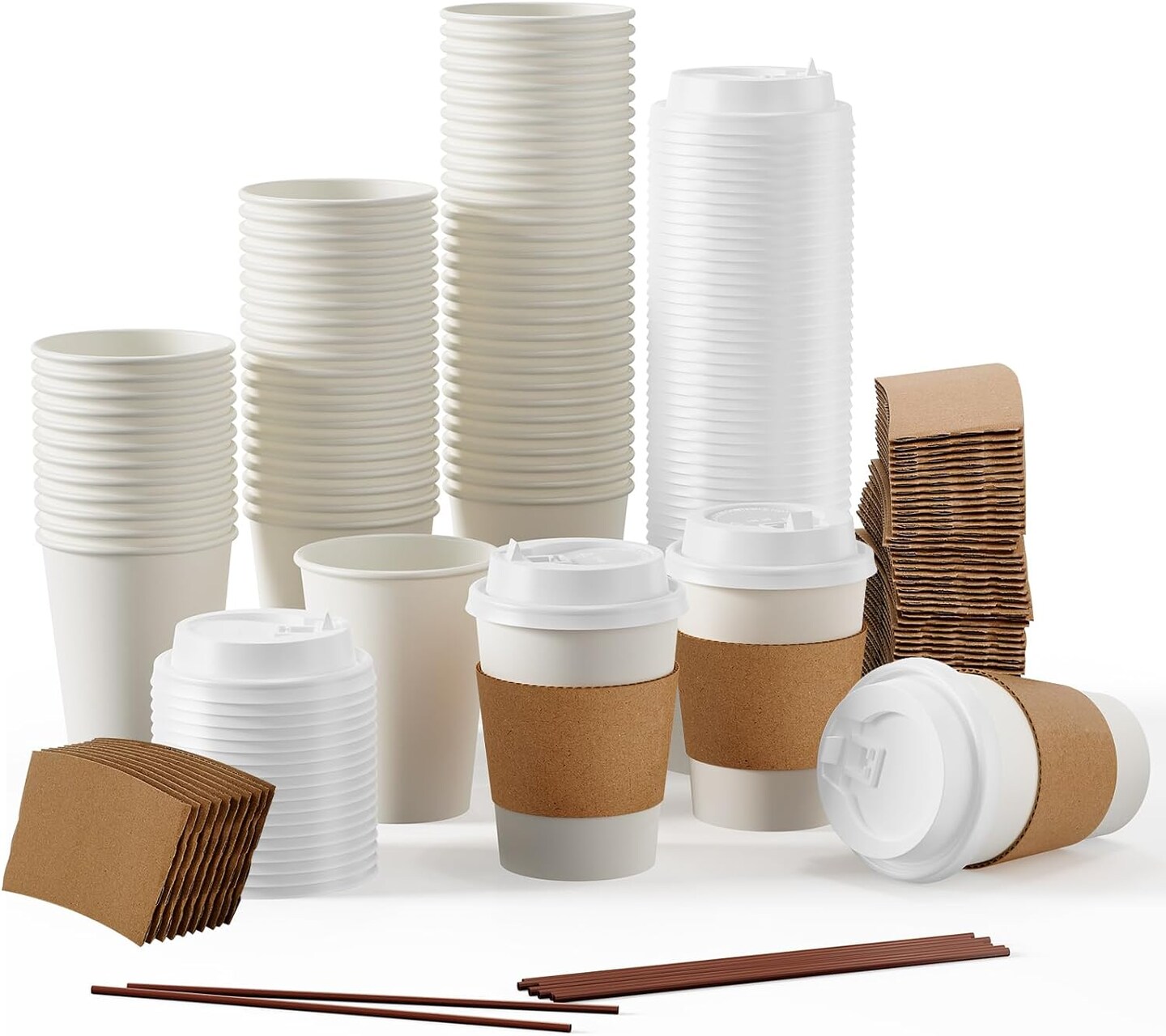 12 oz Disposable Paper Coffee Cup with Lids, Sleeves, and Stirrers, Hot/Cold Beverage Drinking Cup for Water, Juice, Coffee or Tea, Suitable for Home, Shops and Cafes, [100 Pack]