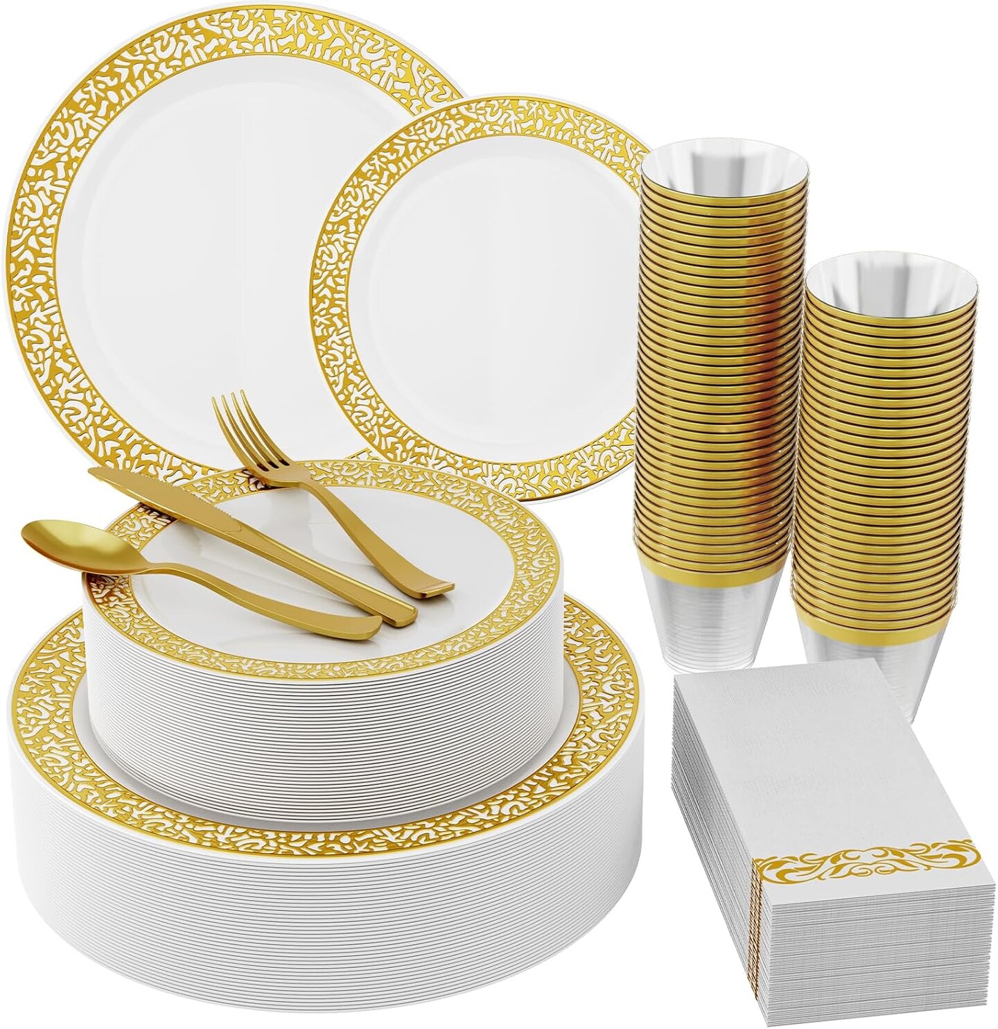 210-Piece Gold Plastic Dinnerware Set – Includes 30 Dinner Plates, 30 Dessert Plates, 30 Cups, 30 Paper Napkins, and 30 Plastic Silverware. Elegant Disposable Tableware for Parties and Special Occasions.
