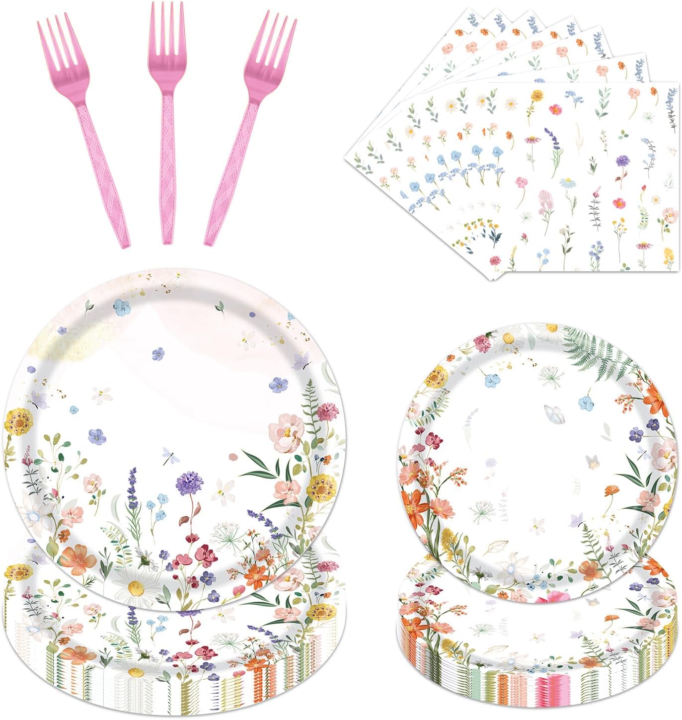 96-piece floral paper plate set, featuring wildflower designs perfect for spring and summer celebrations. Ideal for baby showers, picnics, or garden parties, this disposable tableware set includes plates and napkins to bring a fresh, vibrant touch to