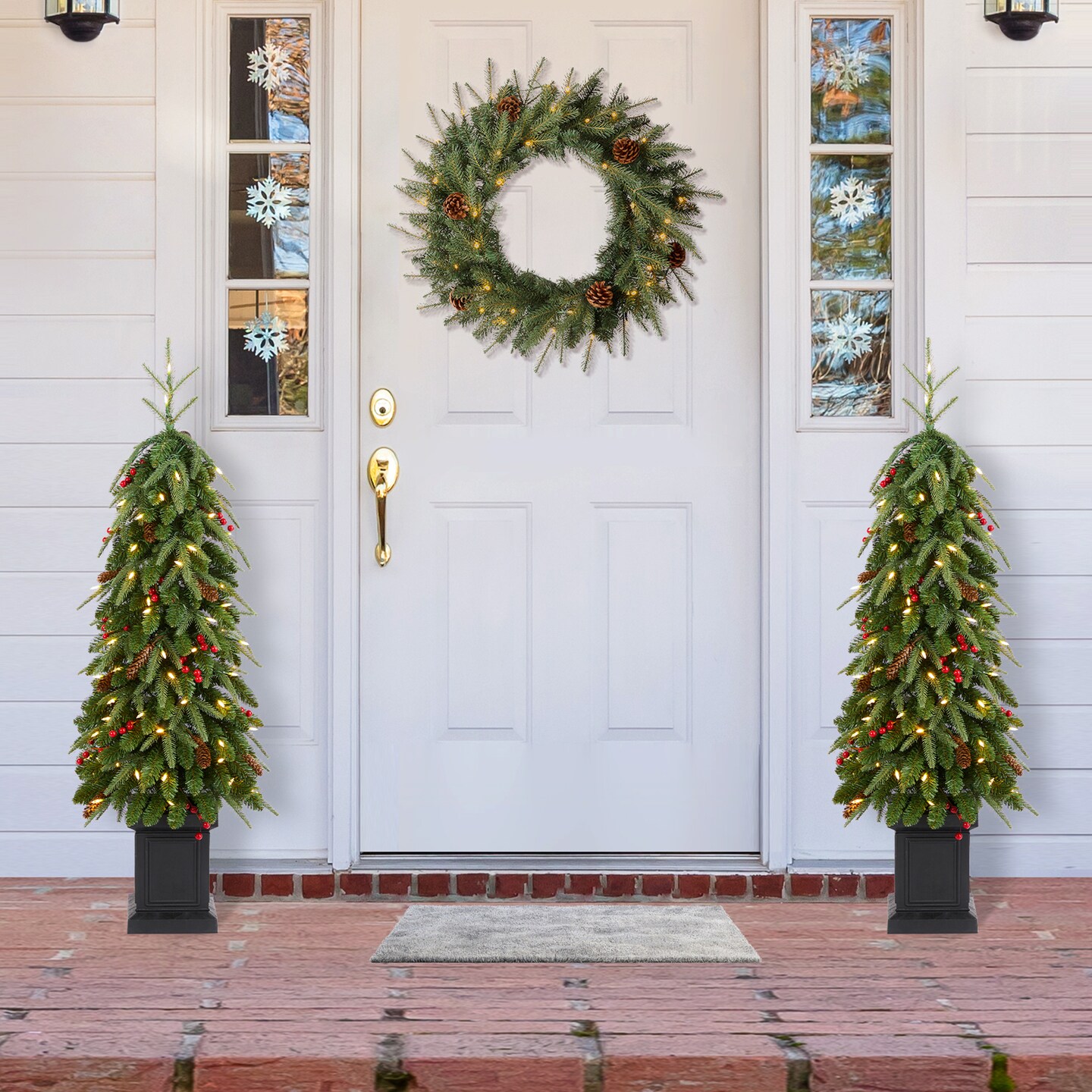 Set of 2/3 4/6/7FT Green Artificial Christmas Porch Tree with red berries,pinecones and warm white lights,3 function w/Foot Pedal