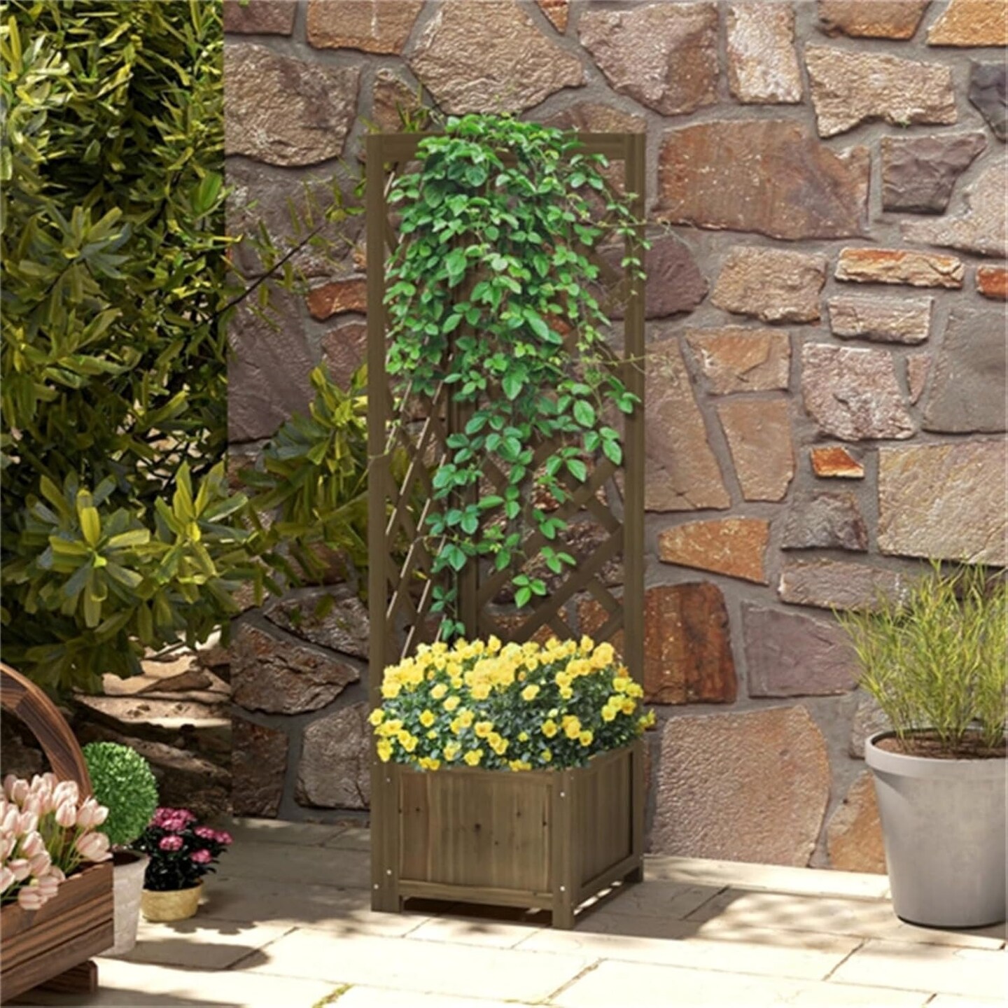 57&#x22; Carbonized Wooden Raised Garden Corner Planter Bed with Trellis