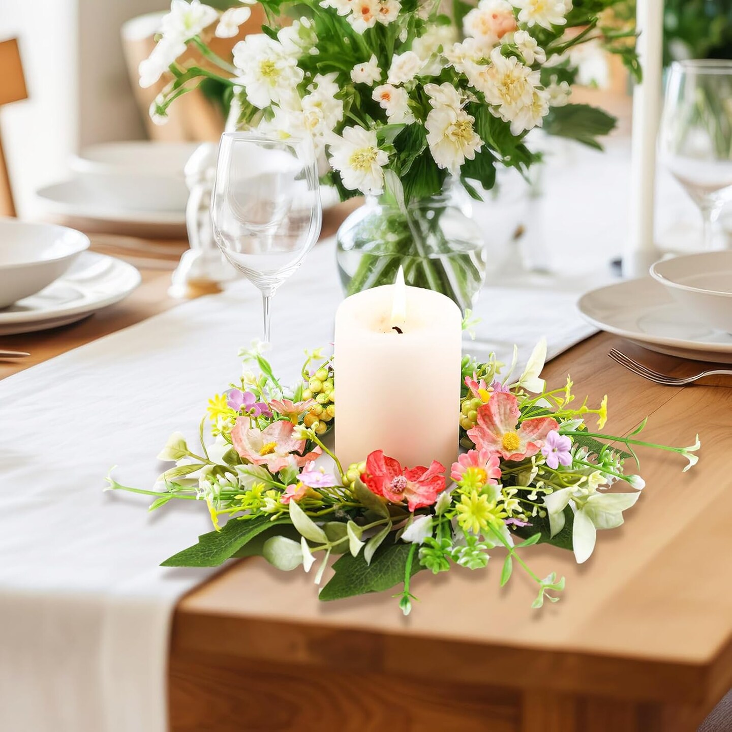 8 Pieces Mini Candle Wreaths Lavender Rose Hydrangea Spring Artificial Candle Rings Wedding Centerpieces for Tables Pillars Spring Summer Wreath