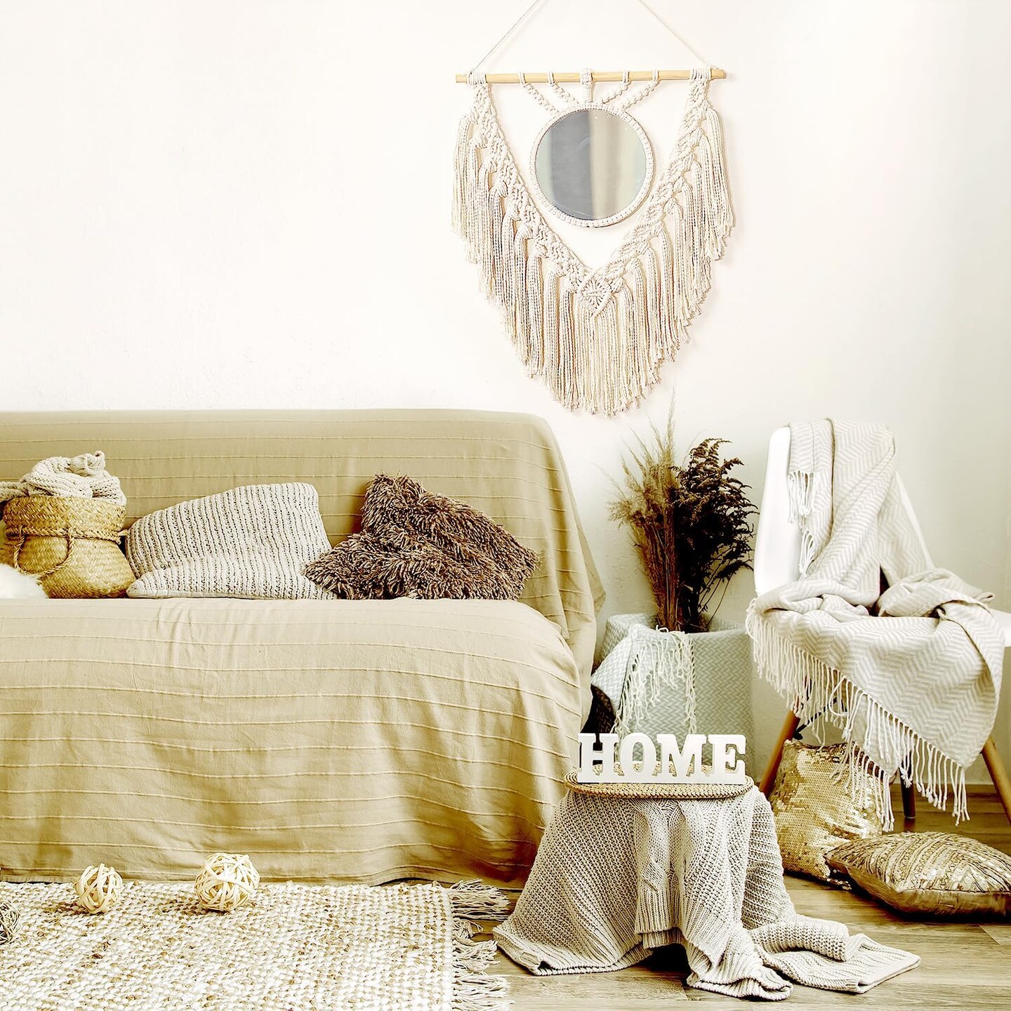 Boho Round Macramé Wall Mirror – Circle Hanging Mirror for Bedroom, Living Room, Apartment, Entryway, Vanity, or Over-Sink Décor