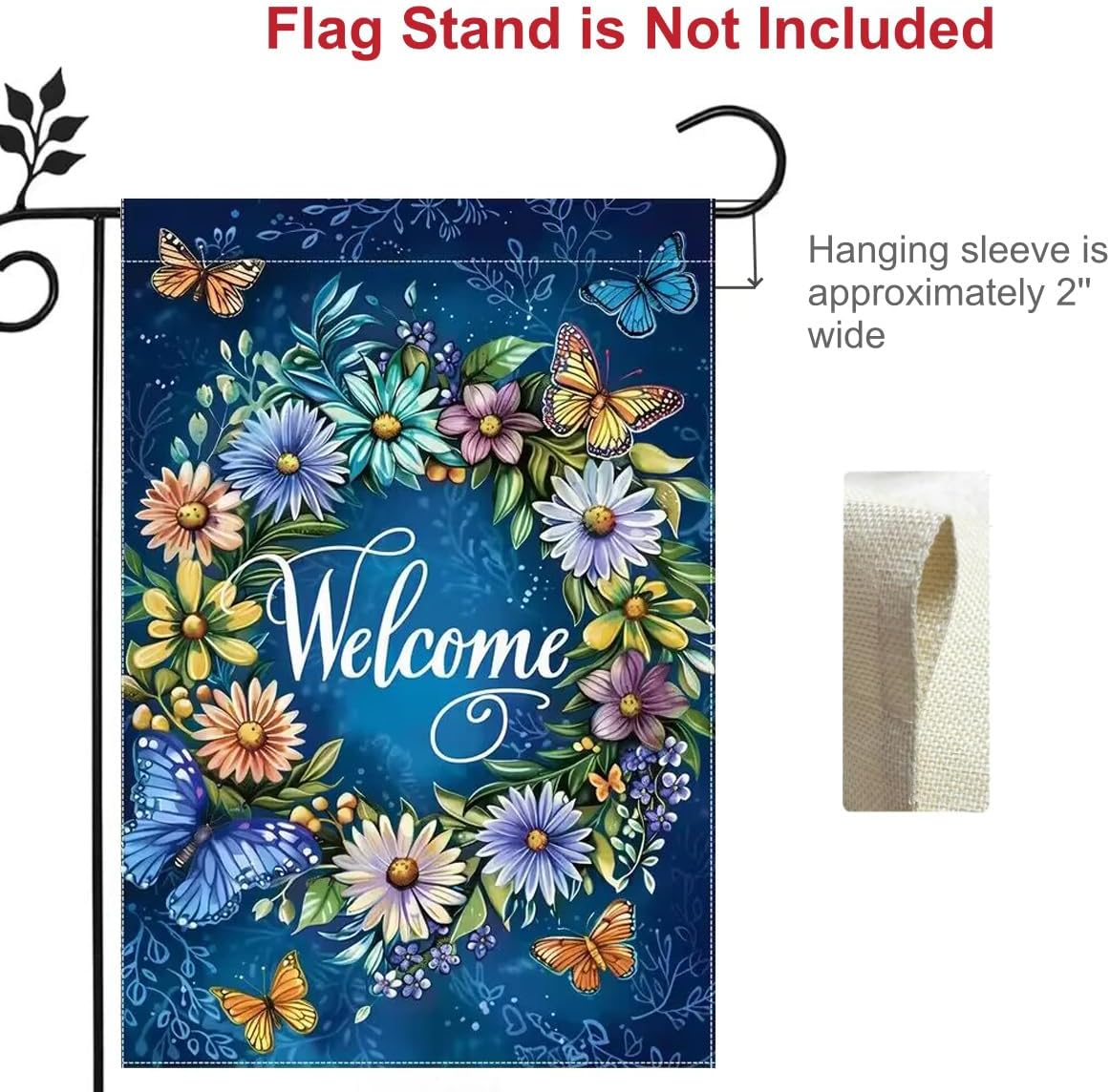 Welcome Spring Summer Garden Flag 12x18 Inch Double Sided, Burlap Blue Wreath Floral Butterfly Yard Outdoor Flags