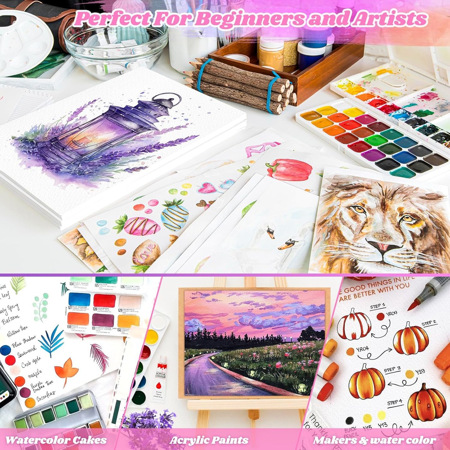64 Sheets Watercolor Paper, 5&#x22;x7&#x22; Water Color Paper, 140lb/300gsm Artist Sketch Easel Acrylic Painting Loose Drawing Paper Bulk, Art Supplies for Kids Child Adults, Watercolors, Watercolor Paint Set