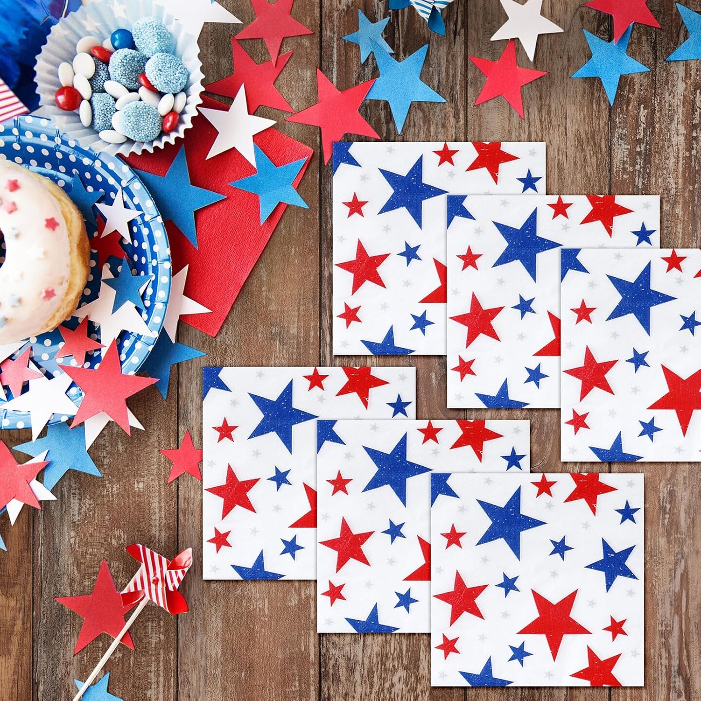 200 Pcs American Flag Napkins 4th of July Patriotic Red White and Blue Disposable Paper Cocktail Napkins for Veterans Day Election Independence Day Decorations(Square Star)