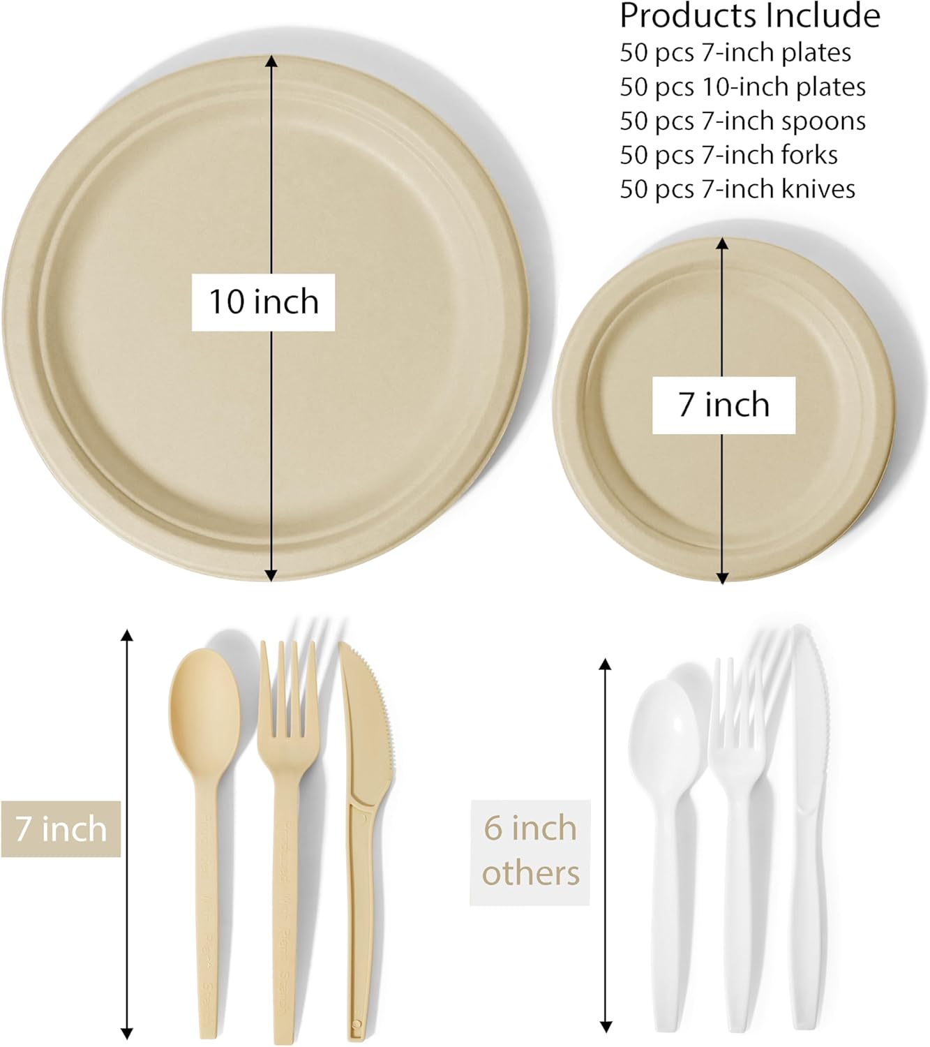 250 Piece Compostable Dinnerware Set for 50 Guests &#x2013; Biodegradable Paper Plates, Eco-Friendly Disposable Utensils, Includes Paper Plates, Forks, Knives, Spoons, Brown