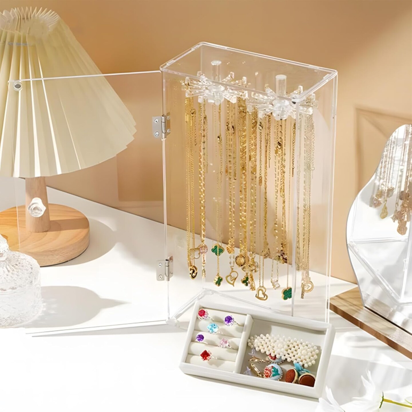 Acrylic Necklace Holder Jewelry Organizer Storage Box with Velvet Tray, Rotating Earring &#x26; Necklace Display Stand, 24 Hooks Clear Storage Rack for Bracelets, Rings, Long Necklaces
