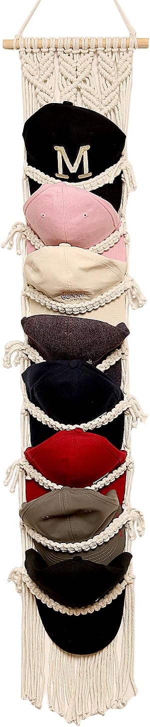 Baseball Cap Storage Over-the-Door – 1 Pack Boho Macramé Hat Organizer, Wall-Mounted Cap Holder and Hanging Hat Rack for Bohemian Bedroom Décor