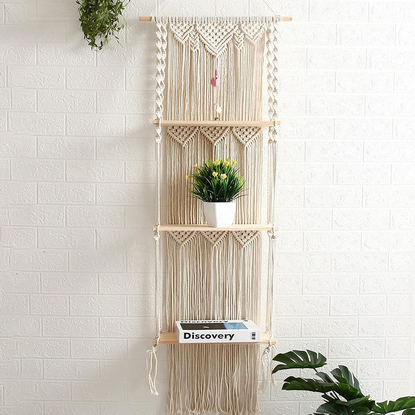 Macrame Wall Hanging Plant Shelf, 3-Tier Macrame Shelves Boho Bathroom Shelf, Handmade Boho Floating Shelves for Plants and Decor