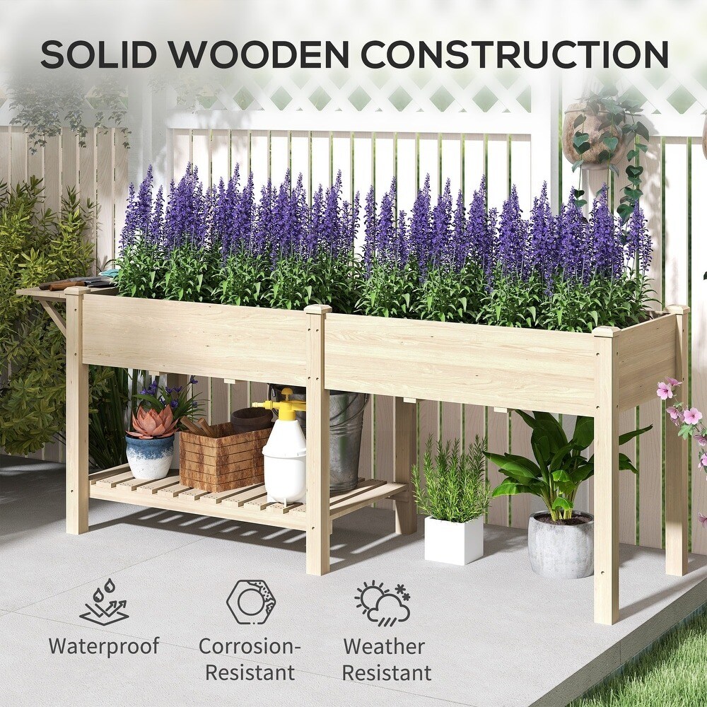 Wood Raised Garden Bed with Side Table, Bottom Shelf &#x26; Drainage Hole