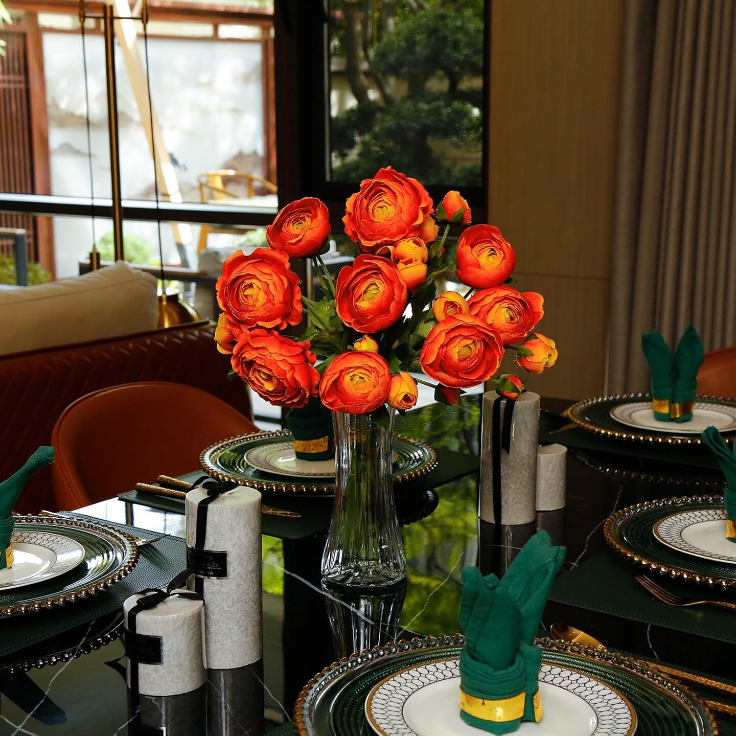 9 Pcs Ranunculus Artificial Flowers 17.3&#x22;, 27 Heads Faux Silk Ranunculus with Long Stems, Fake Flowers for Home Decor Indoor, Wedding Bouquets Centerpiece (Orange)