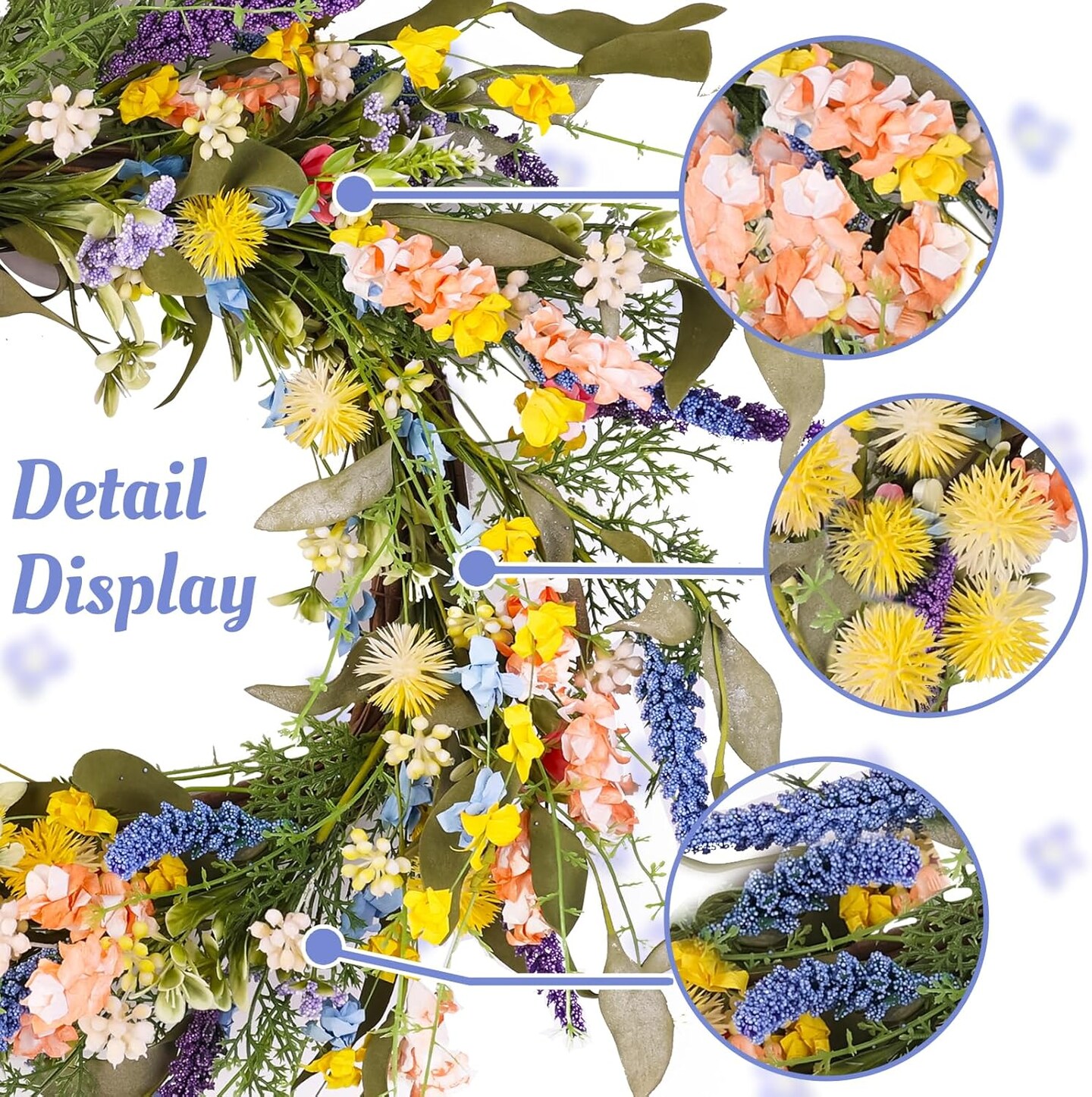 22&#x22; Colorful Wildflower Spring Summer Wreath with Green Leaves, Floral Artificial Wreath for Front Door Home Wall Wedding Farmhouse Holiday Outdoor Indoor D&#xE9;cor (Yellow)