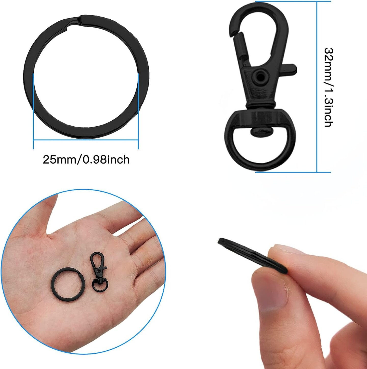 80pcs Swivel Snap Hooks and Key Rings Set, Black Swivel Clasps Lanyard Lobster Claw Clasps Metal Hooks Key Chain for Keychain/Crafts/DIY Jewelry Making/Purse and Crafting