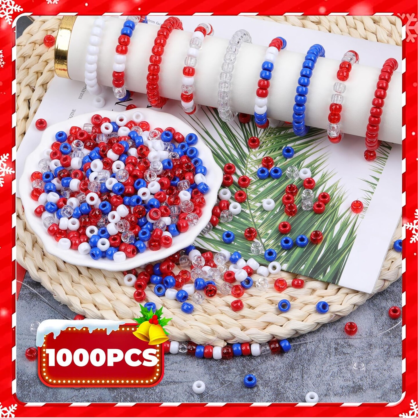 Red White Blue Glitter Pony Beads for Bracelet 1000 Pcs Plastic Beads for Friendship Bracelets 6x9mm Large Hole Beads for Hair Braiding Transparent Beads Necklace Earrings Jewelry Making