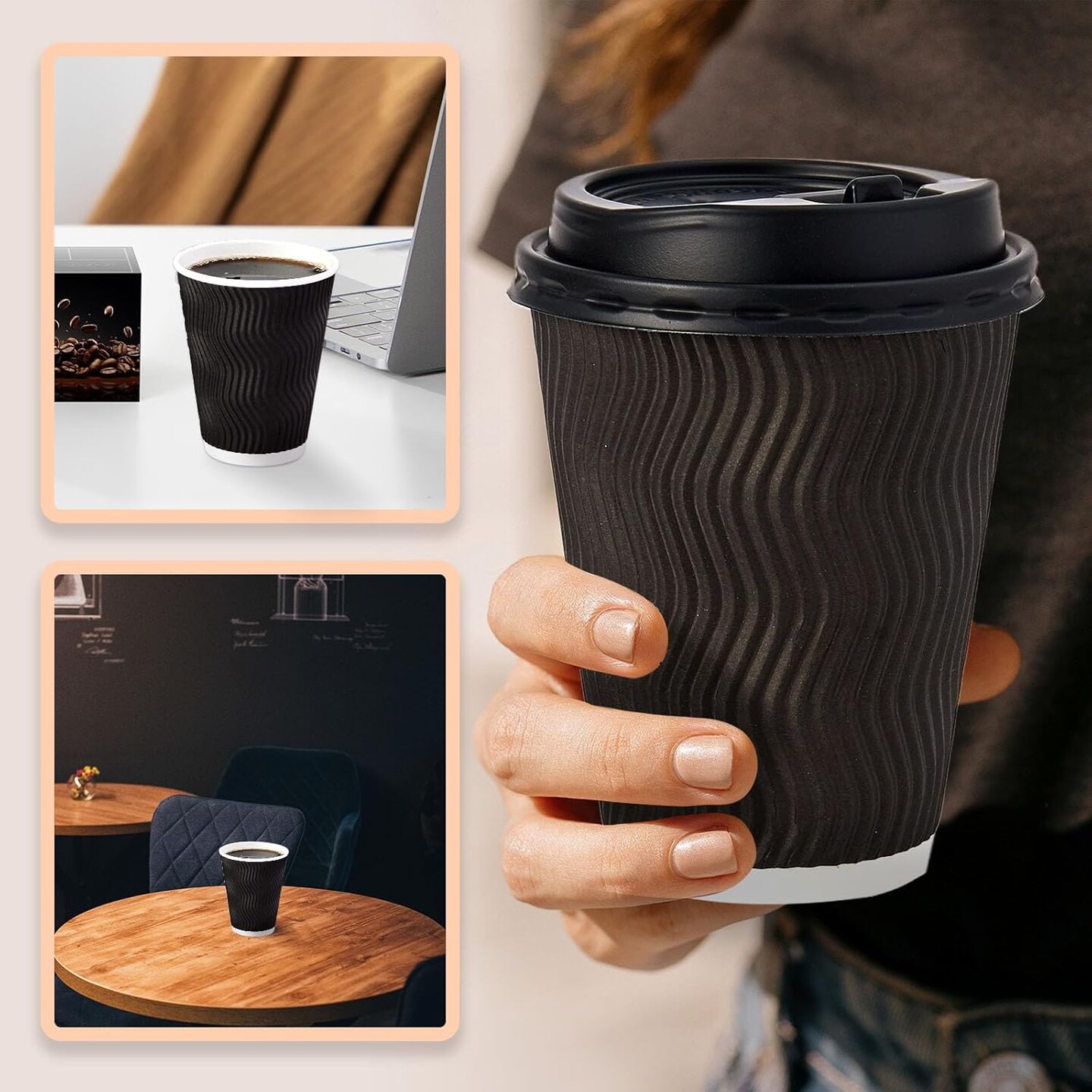 12 oz Coffee Cups with Lids, 60 Pack Insulated Corrugated Paper Cups, Disposable Coffee Cups for Water, Juice, Coffee (Black 12 oz)