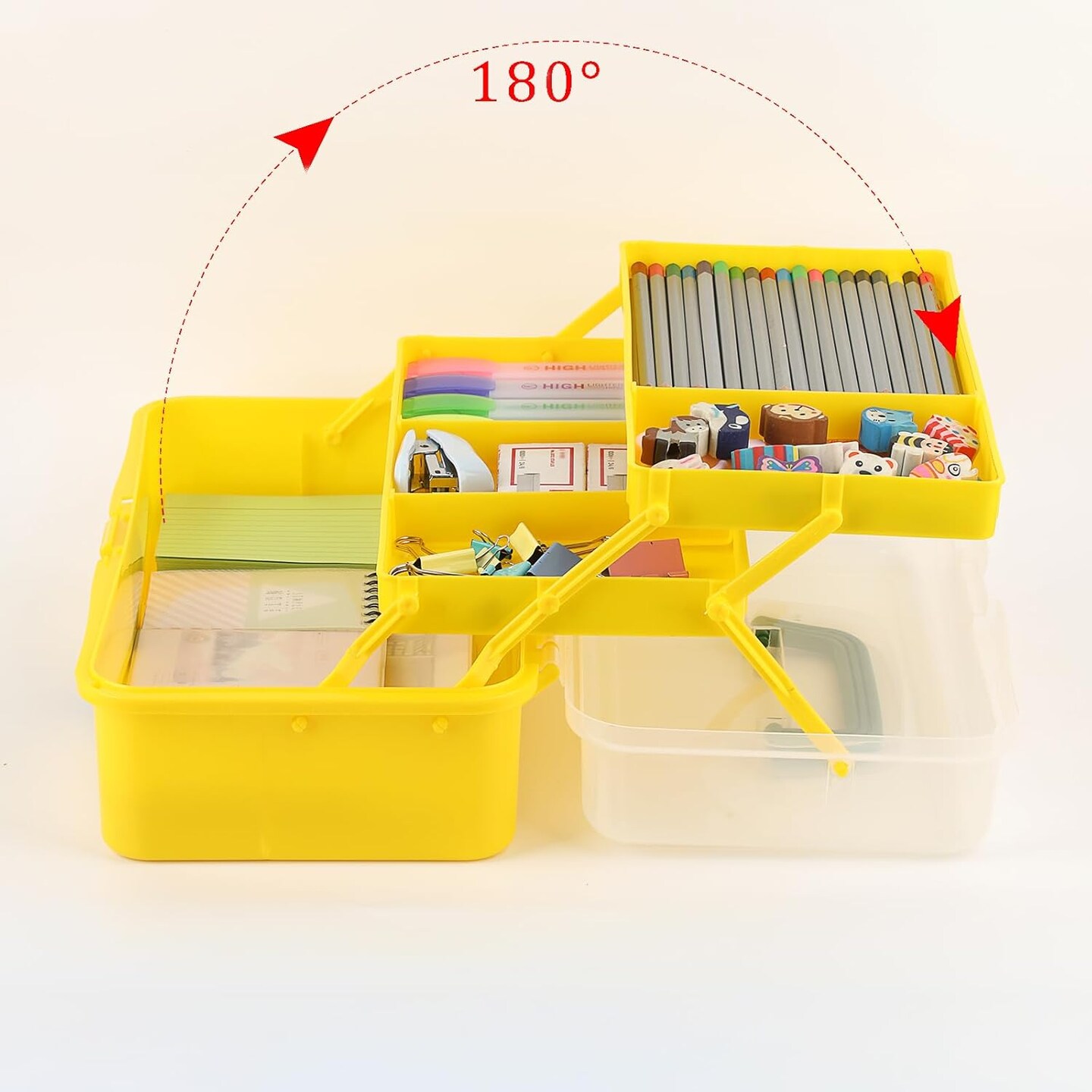 3-Layer Plastic Dividing Storage Box Craft Organizer with Adjustable Spacers Portable Handled Art Supply Organizer Multipurpose Home Utility Box for Sewing (Yellow+Green)