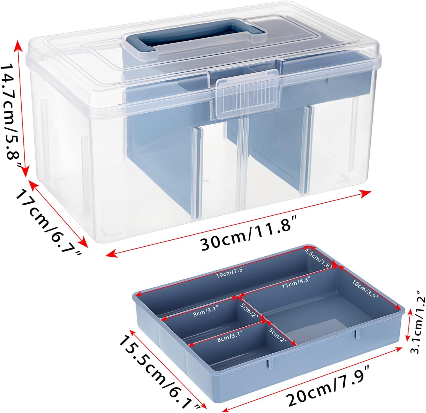 2 Layer Clear Plastic Dividing Storage Box with Removable Tray Multipurpose Stationery Storage Box with Handle Portable Sewing Box Art Craft Supply Organizer Home Utility Box (Big Blue)