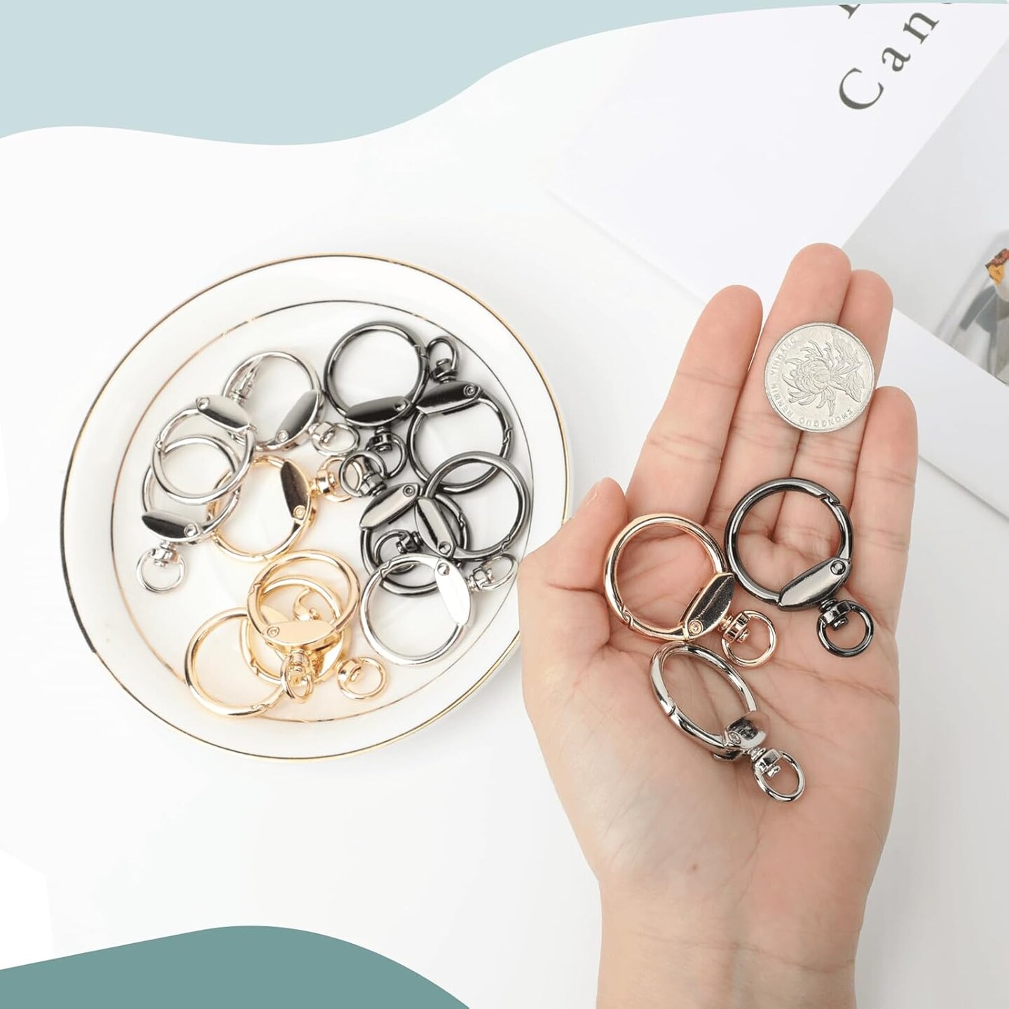 12pcs Round Spring Snap Hooks Swivel Ring Carabiner Clips Eyelet O Rings Buckle for Bags Belts Keychain Purses DIY Accessory (Gold)