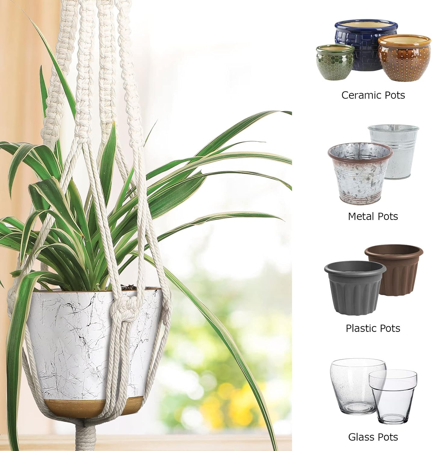 3-Pack Macrame Plant Hangers Indoor Hanging Planters with 3 Hooks, Boho Home Decor, Sizes 46", 41", and 34", Ivory (Pots Not Included)