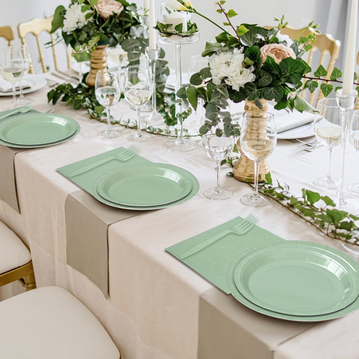 100-Piece Sage Green Paper Plates and Napkins Set – Disposable Tableware with Forks, Perfect for Weddings, Birthdays, Bridal Showers, and Baby Showers. Serves 25 Guests.