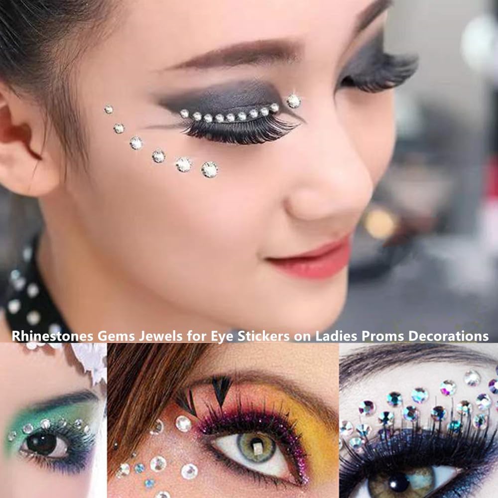 3 Sheets of Self-Adhesive Face/Hair Gems – Rhinestones, Eye Gems, Diamonds, and Crystals Stick-on Hair Jewels, Perfect for Singer Concerts, Festival Rave Accessories, and Face Jewels (White Rhinestone Stickers)