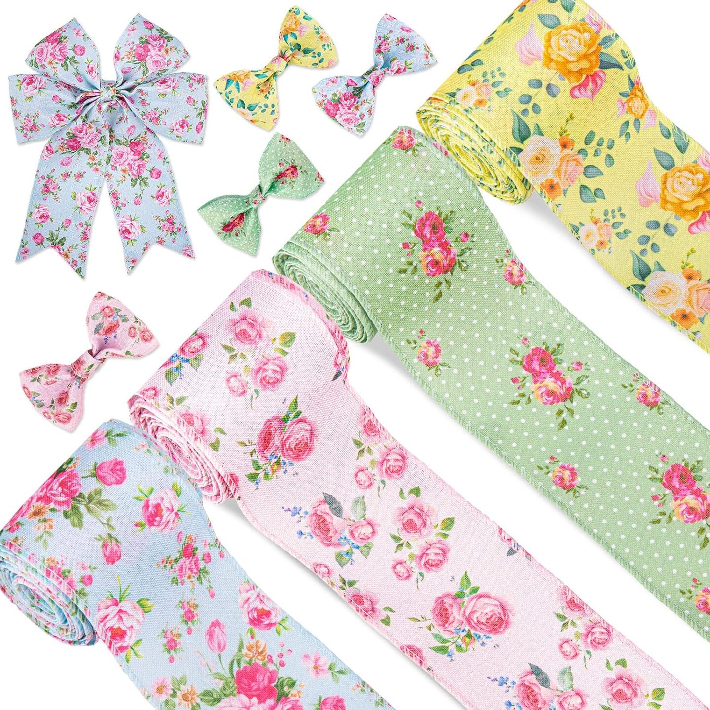 Vintage Floral Wired Edge Ribbon Spring Rose Flower Ribbons 4 Rolls Summer Floral Fabric Decorative Craft Ribbon for Mother's Day Gift Wrapping Decor Bow Sewing Wreath Crafts