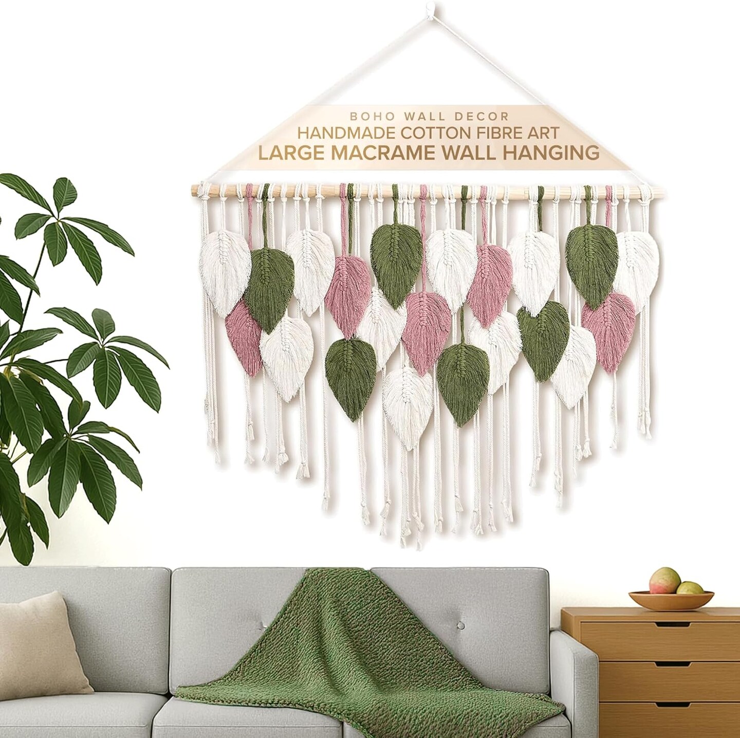 Macrame Wall Hanging - Boho Wall Decor in Beige, Old Pink &#x26; Green - Chic Woven Leaf Leaves Bohemian Hangings