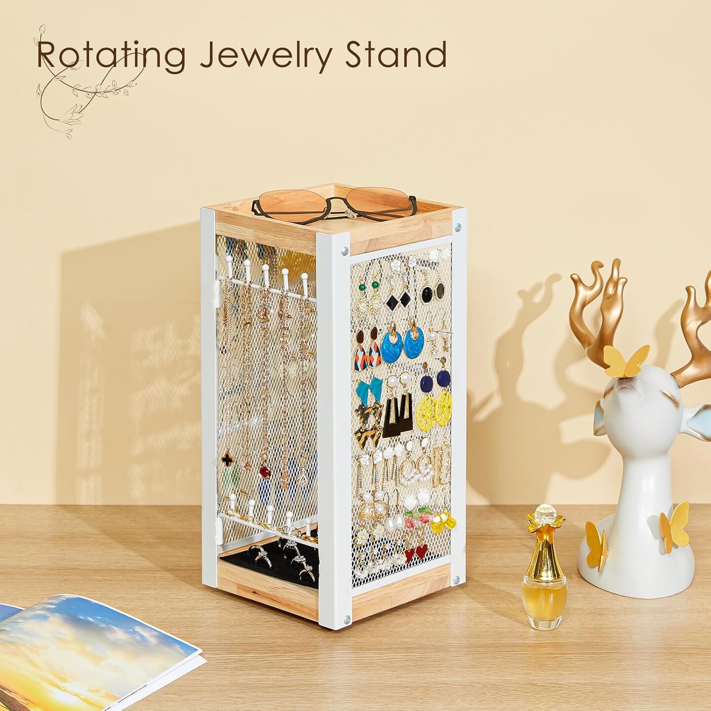 Earring Holder Organizer, 360 Rotating Jewelry Holder with Ring Tray/Necklace/Bracelet/Ring Hooks, White Earring stand with 4 Sides and 2 Wooden Trays for Jewelry Display (Upgraded)