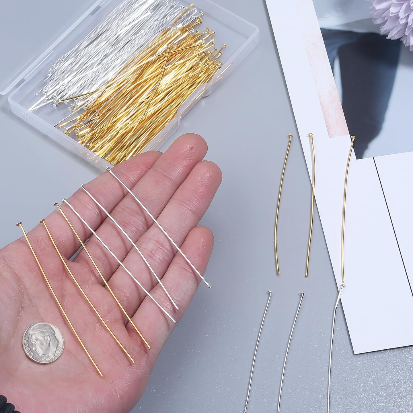 200 Pcs 70mm/2.76 Inch 21 Gauge Straight Head Pins for Craft Earring Bracelet Necklace Pendant DIY Jewelry Making, Silver & Gold Color