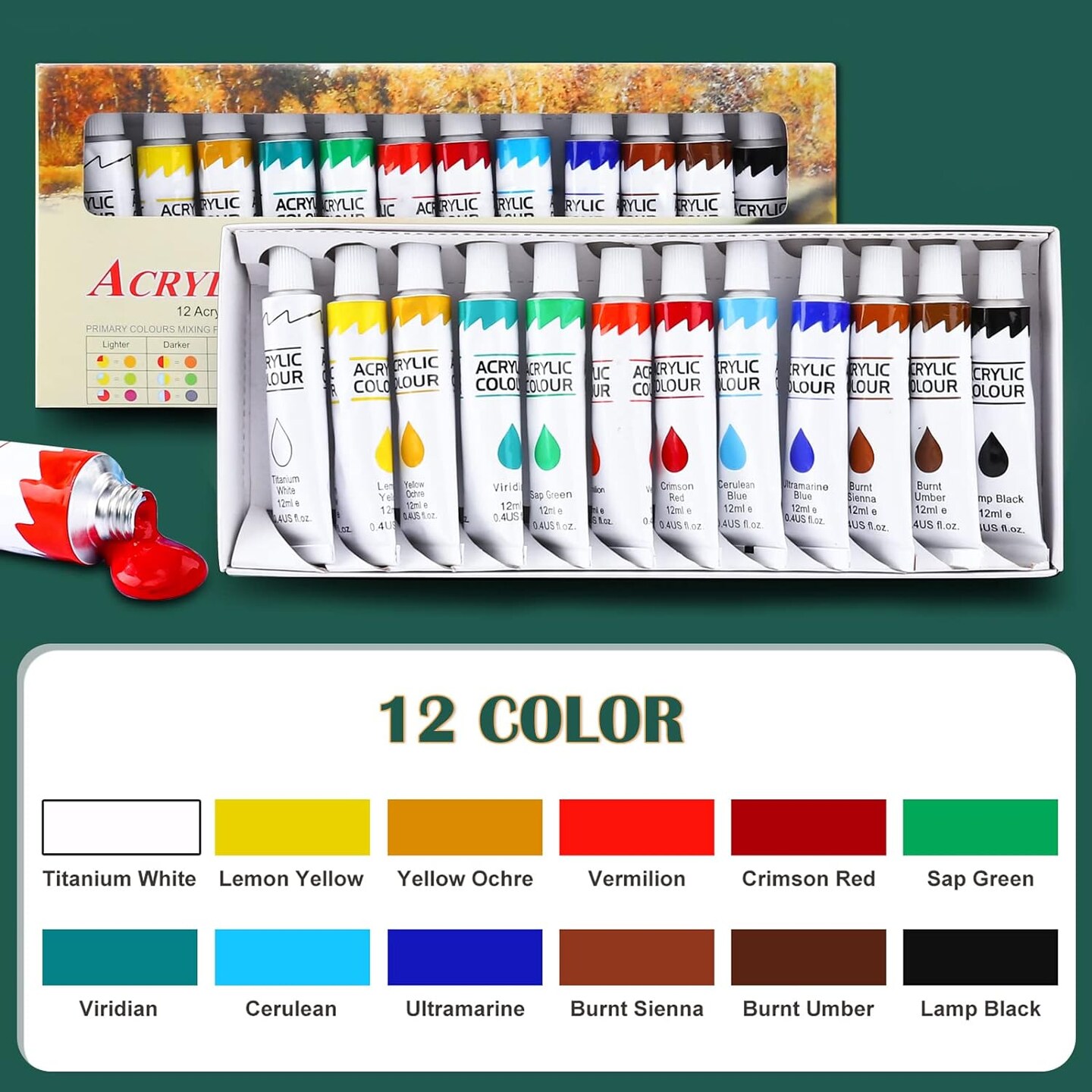 Acrylic Paint Canvas Set,52 Piece Professional Painting Supplies Kit with 2 Wood Easel,2 * 12Colors,2 * 10 Brushes,Circular Canvas Etc,Premium Paint Kit for Kids,Students, Artists and Beginner