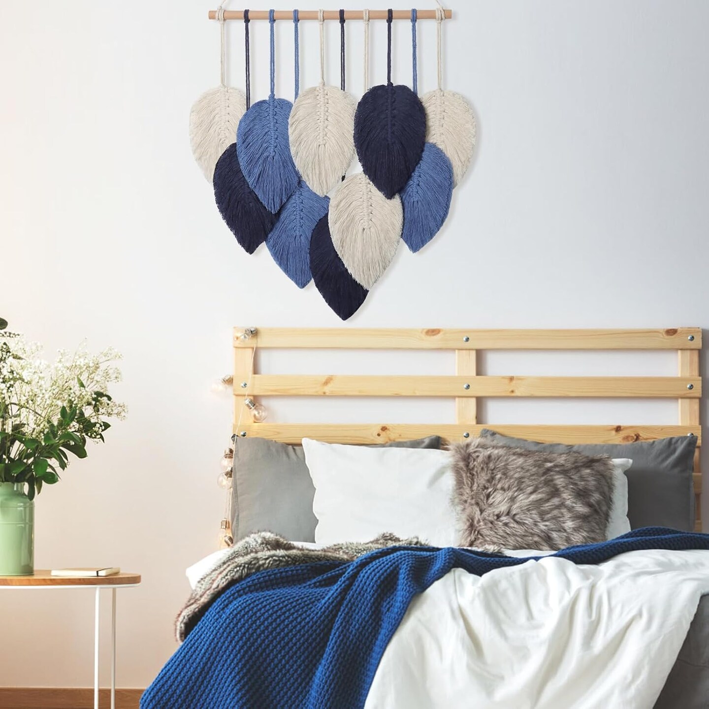 Macramé Wall Hanging – Navy Blue Woven Leaf Tapestry with Tassels, Handmade Cotton Boho Feather Wall Art for Apartment, Bedroom, or Modern Bohemian Room Décor Backdrop
