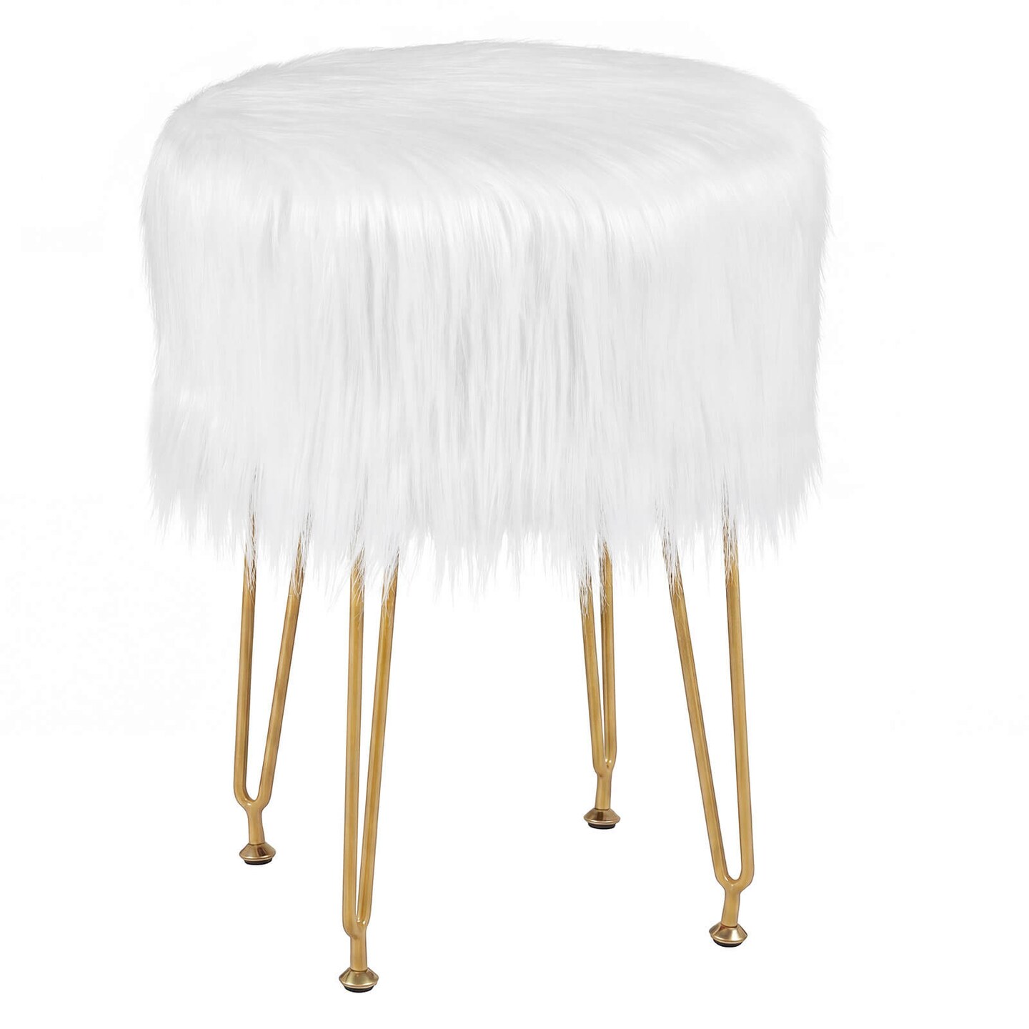 Costway Faux Fur Vanity Chair Makeup Stool Furry Padded Seat Round Ottoman Pink/White
