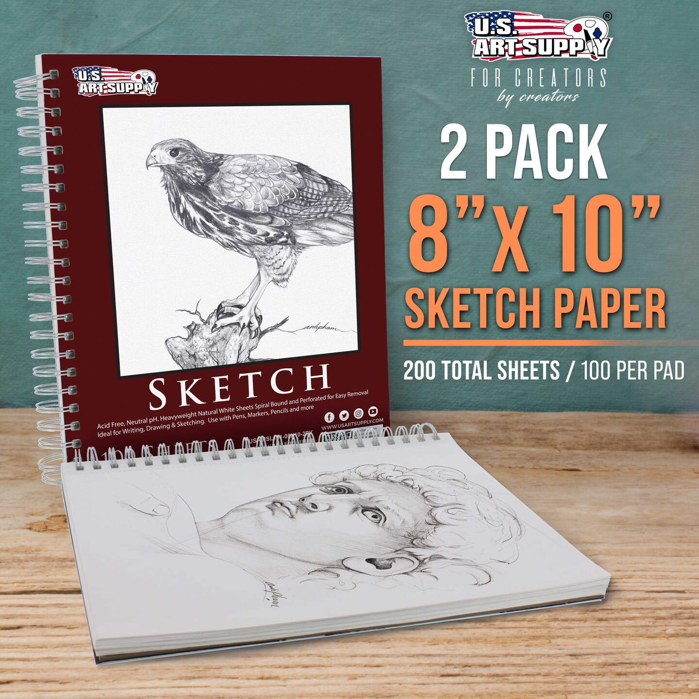 8"x10" Sketch Book Pad, 2 Pack (100 Sheets Each), 60lb (100gsm) Spiral Bound - Sketching, Drawing Pad, Acid-Free Paper - Sketch Pads For Adults, Students: Colored Pencils, Charcoal