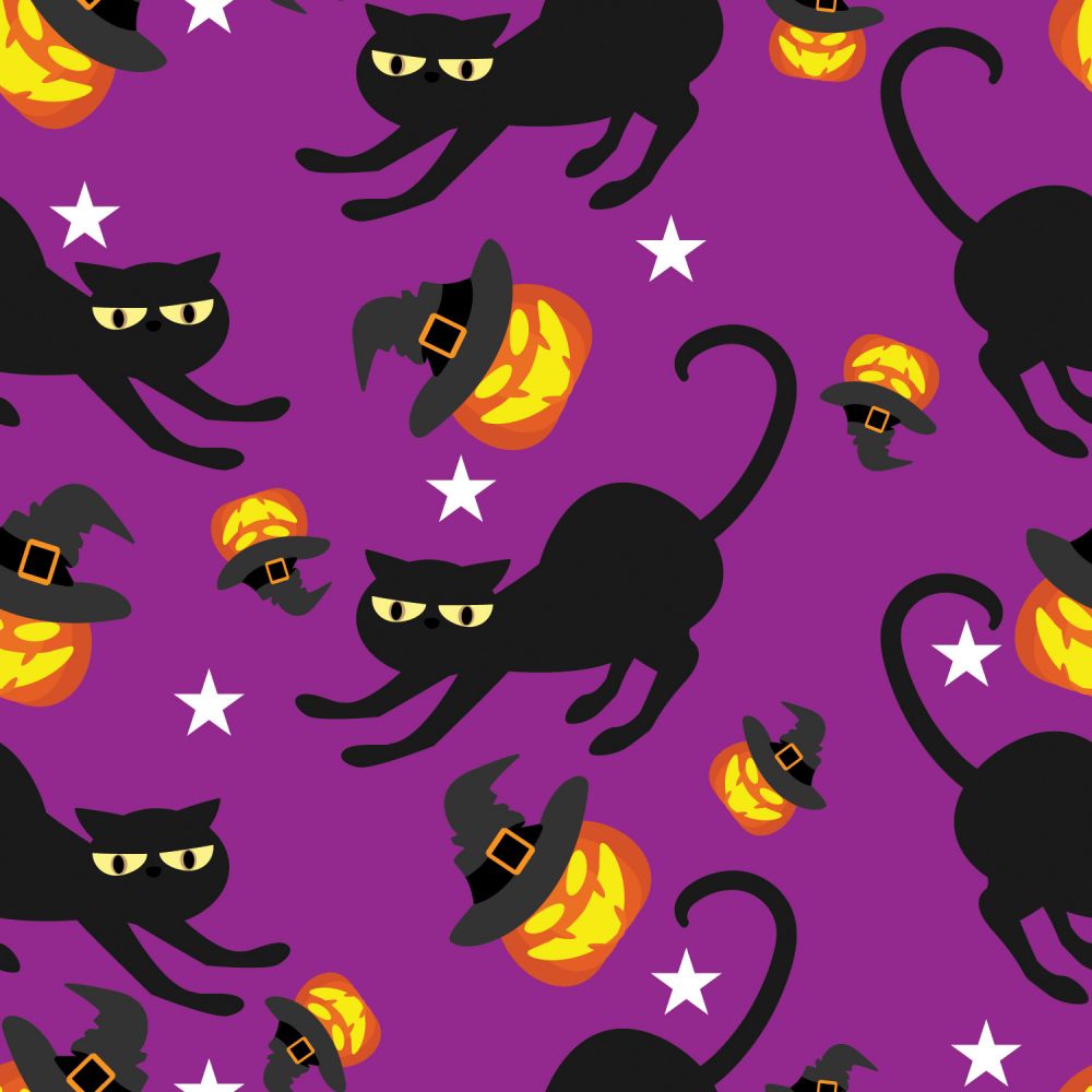 Halloween Spooky Black Cats and Tossed Pumpkins on Purple 100% Cotton Fabric