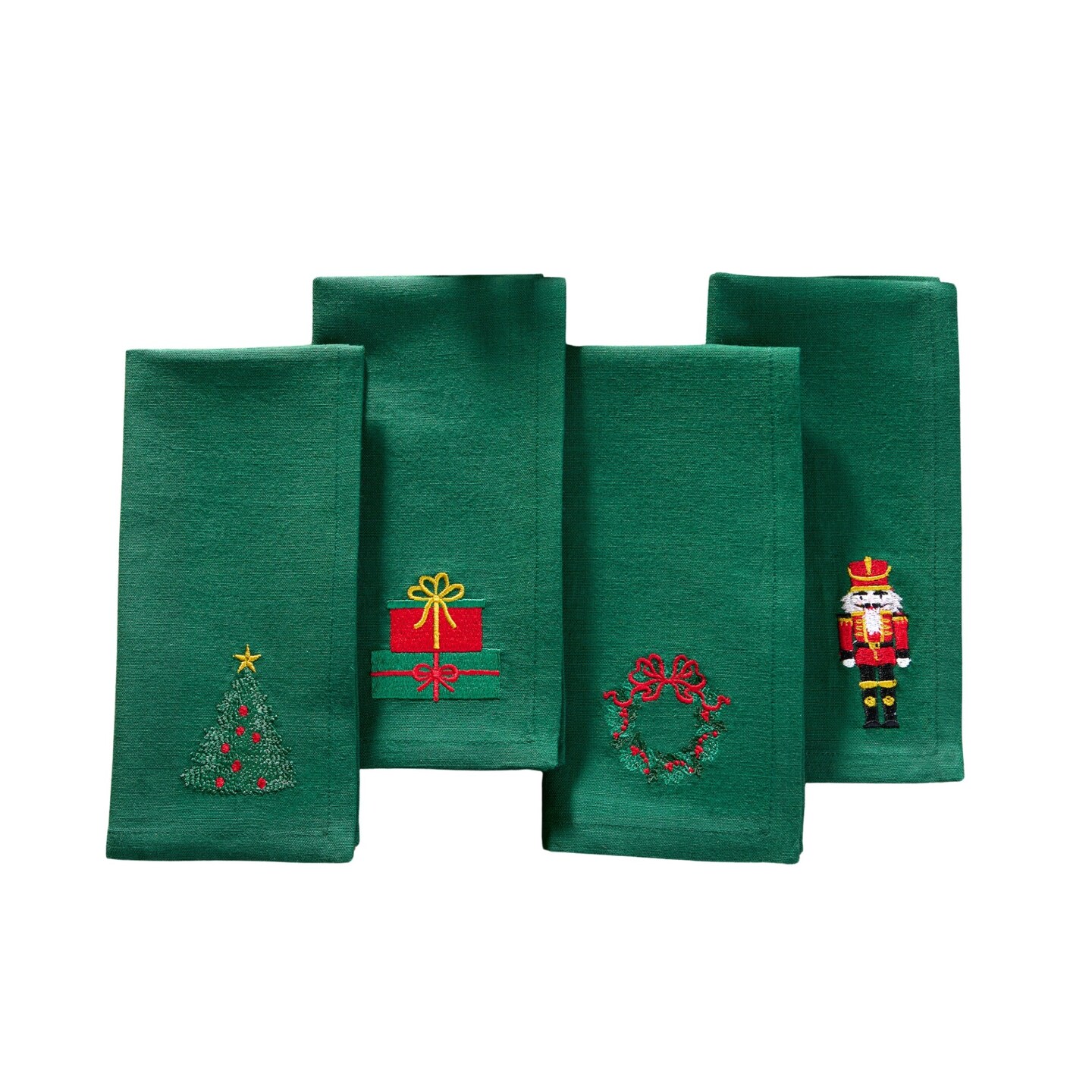 Threadmade Home Holiday Embroidered Napkins, Set of 4, Green - 17"W x 17"L