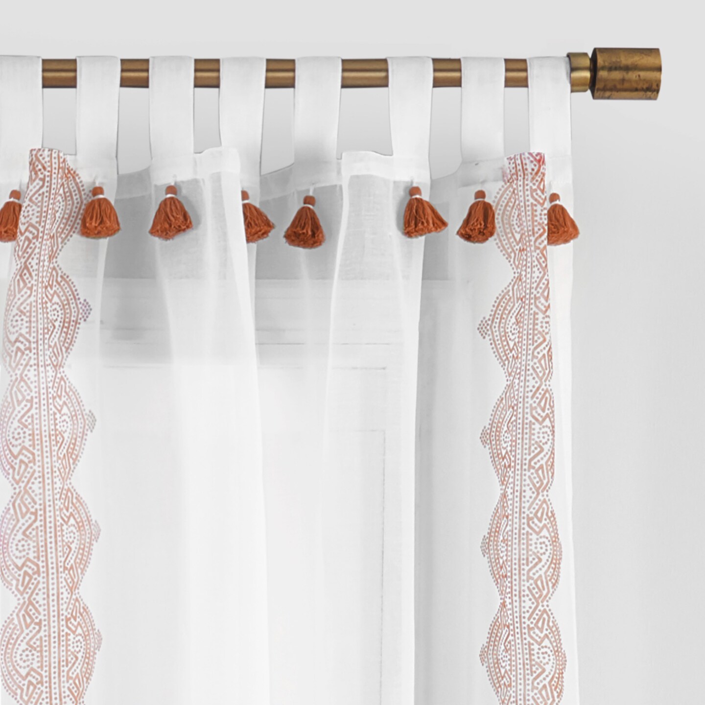 Threadmade Home Shilo Boho Sheer Tab Top Window Curtain Panel with Tassels, Terracotta - 52"W x 95"L