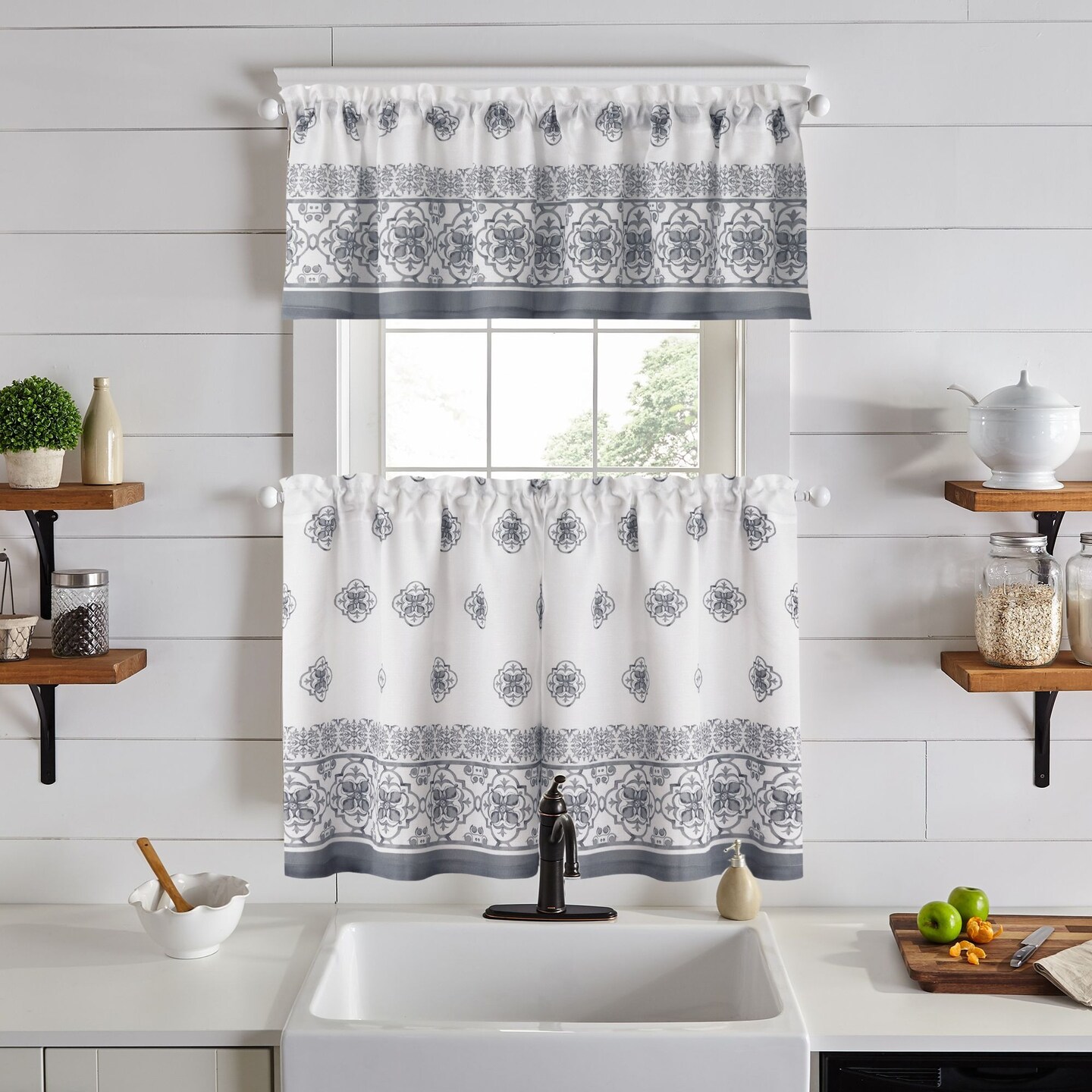 Threadmade Home Amani Tile 3-Piece Kitchen Curtain Tier Set & Valance, Gray - 60"W x 36"L