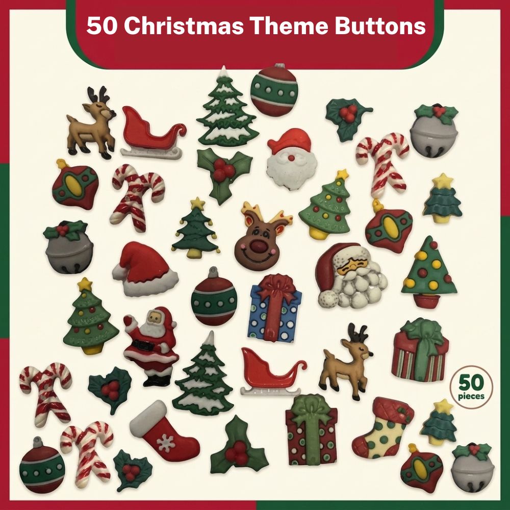 Buttons Galore Christmas Button Assortment – 50-Piece Holiday Craft & Sewing Buttons, Santa, Reindeer, Trees, Ornaments & Gifts for DIY, Scrapbooking & Decorations