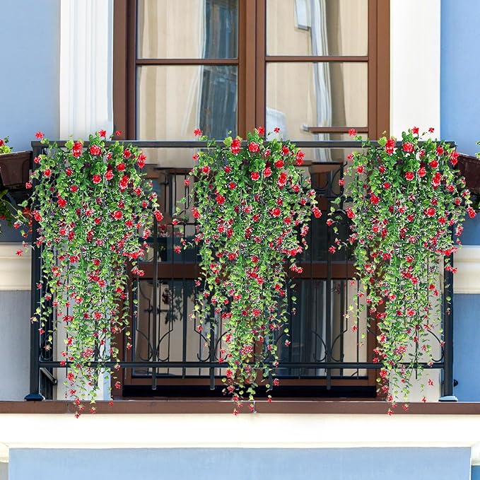 3 Pcs Artificial Hanging Flowers for Outdoors - UV Resistant Fake Trailing Vines, 30" Faux Hanging Plants with Dark Red Blooms, No Fade Silk Ivy for Garden, Porch, Patio & Indoor Wall Decor