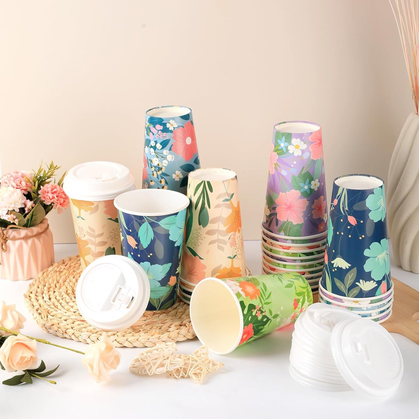 48-Pack 16 oz Floral Disposable Coffee Cups with Lids – Spring-Themed Paper Cups for Parties, Weddings & Events