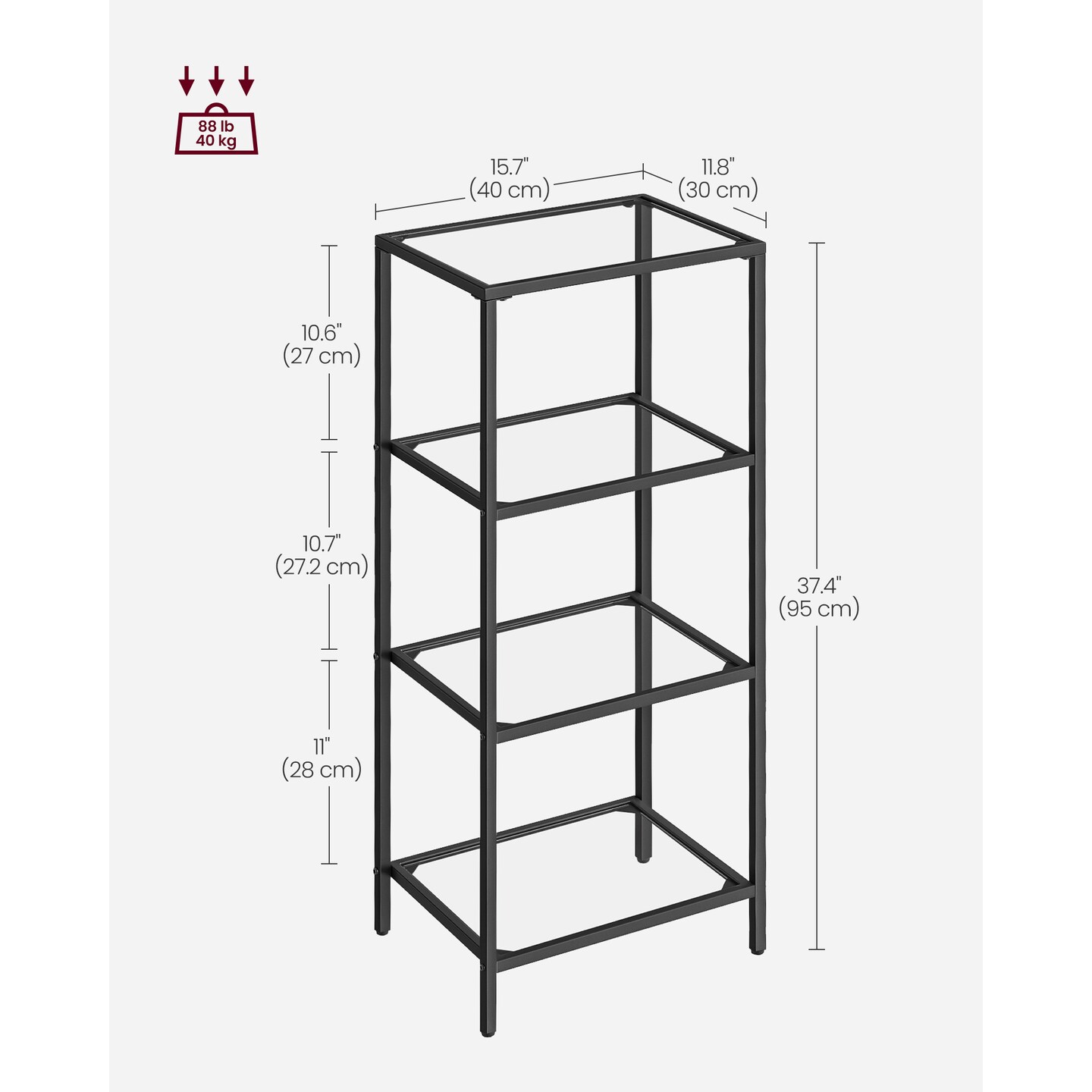Narrow Glass Bookshelf Storage Rack Steel Frame Tempered Glass Display Shelf Black