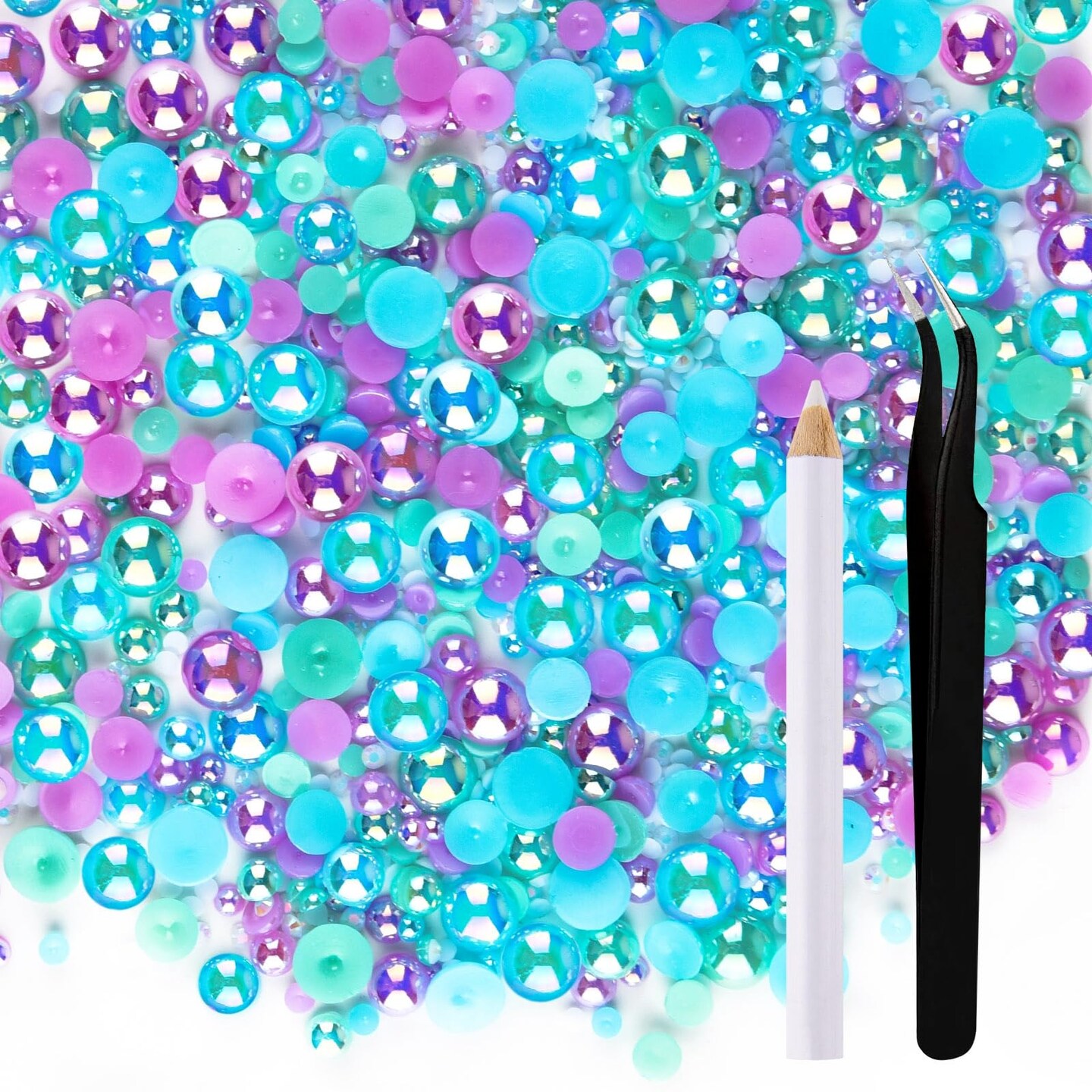 50g Mix Flatback Rhinestones Half Pearls for Crafts Mixed Size 3mm-10mm Flat Back Rhinestones for Crafts Flatback Pearls for Decorating Tumblers Mugs Nail Art Shoes (Blue,Purple,Green)
