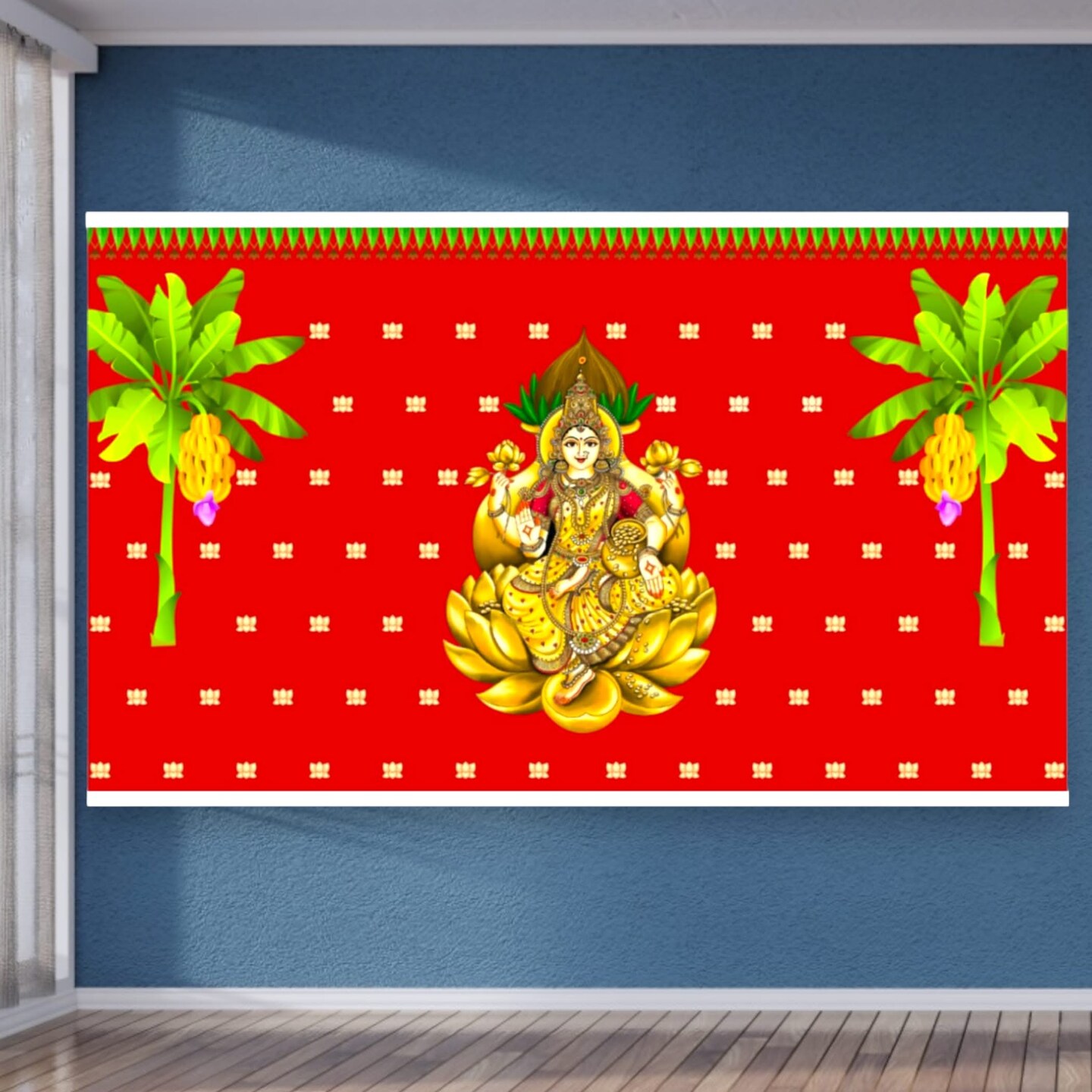 Goddess Laxmi Backdrop 5x8 Feet Indian Traditional Cloth Varalaxmi Vratam Decor Indian Diwali Decor Pooja Wall Decor Indian Wall Art Photo Decor Banner Decorative Cloth Navratri Decor